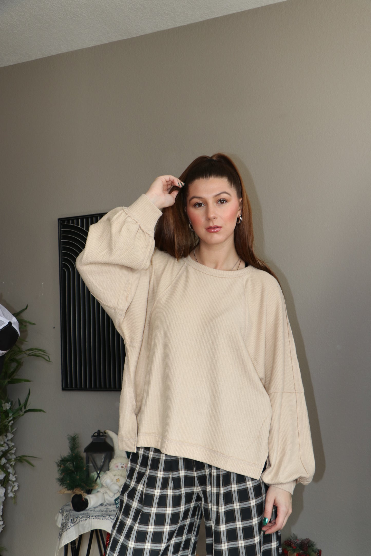 Brushed Waffle Long Sleeve Casual Top