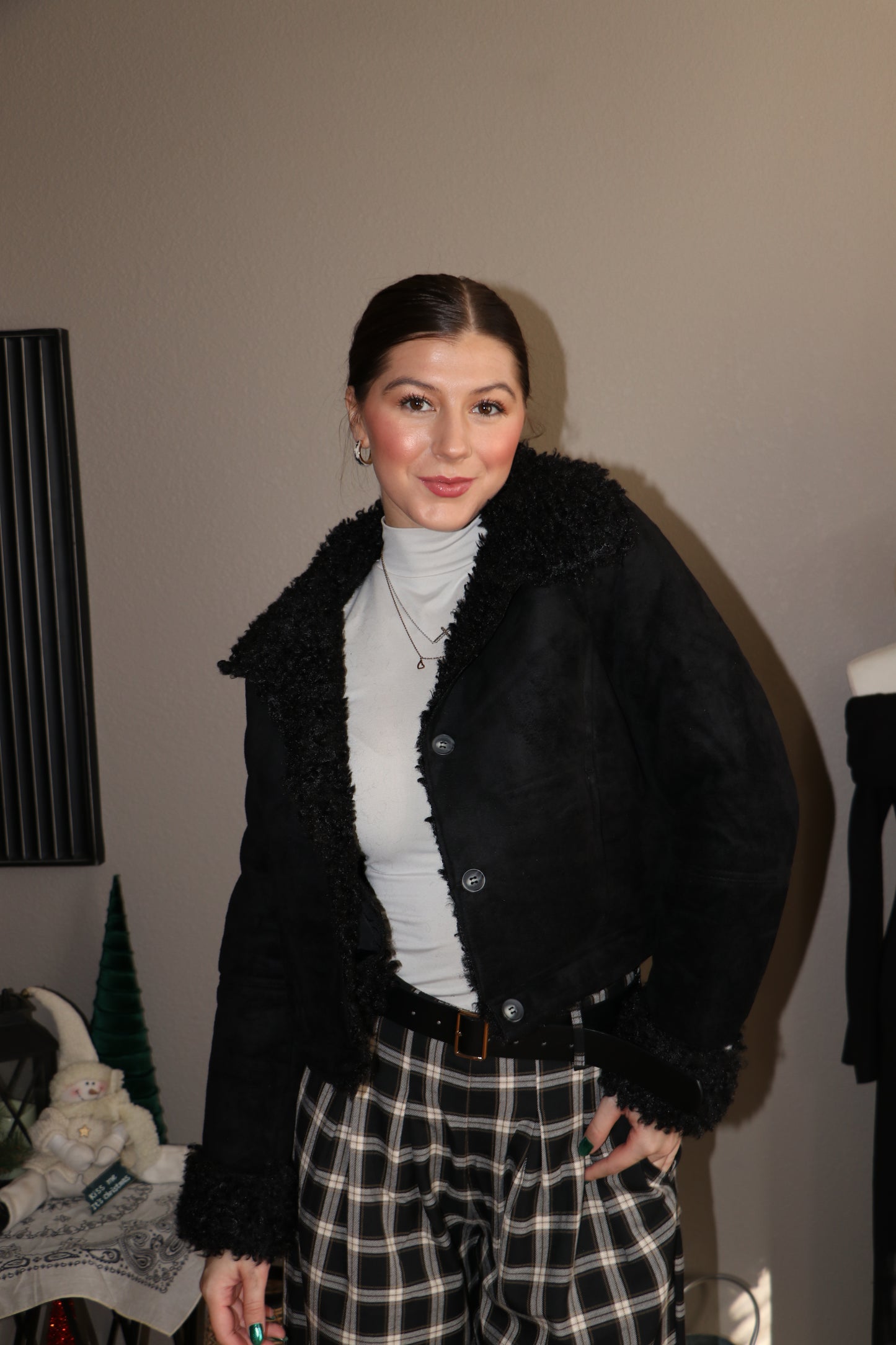 Inside Fur Detail Penny Lane Suede Short Jacket