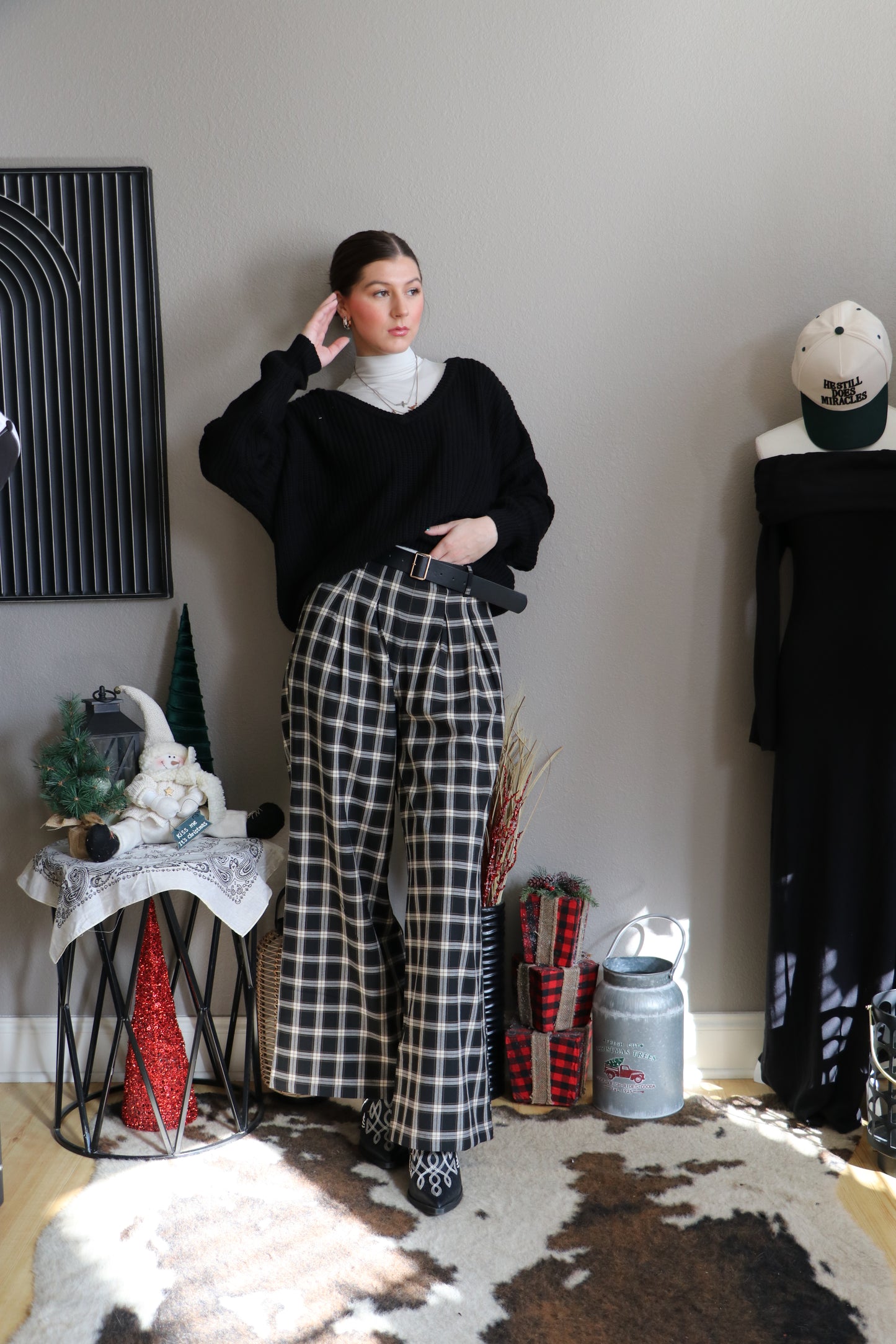 Pleats Detail Belted Side Zipper Plaid Woven Wide Long Pants