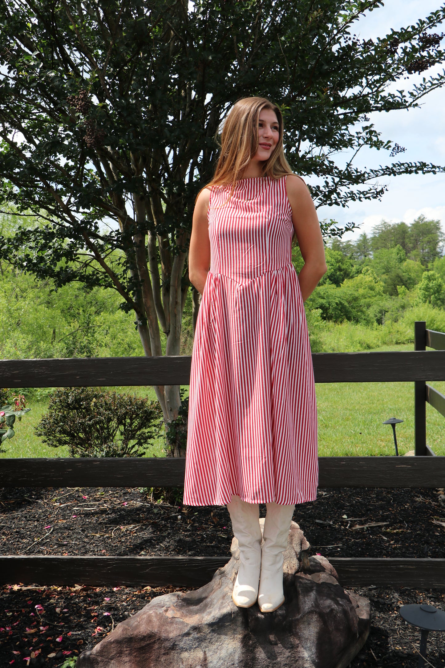 Sweet Liberty Boat Neck Striped Linen Effect Midi Dress