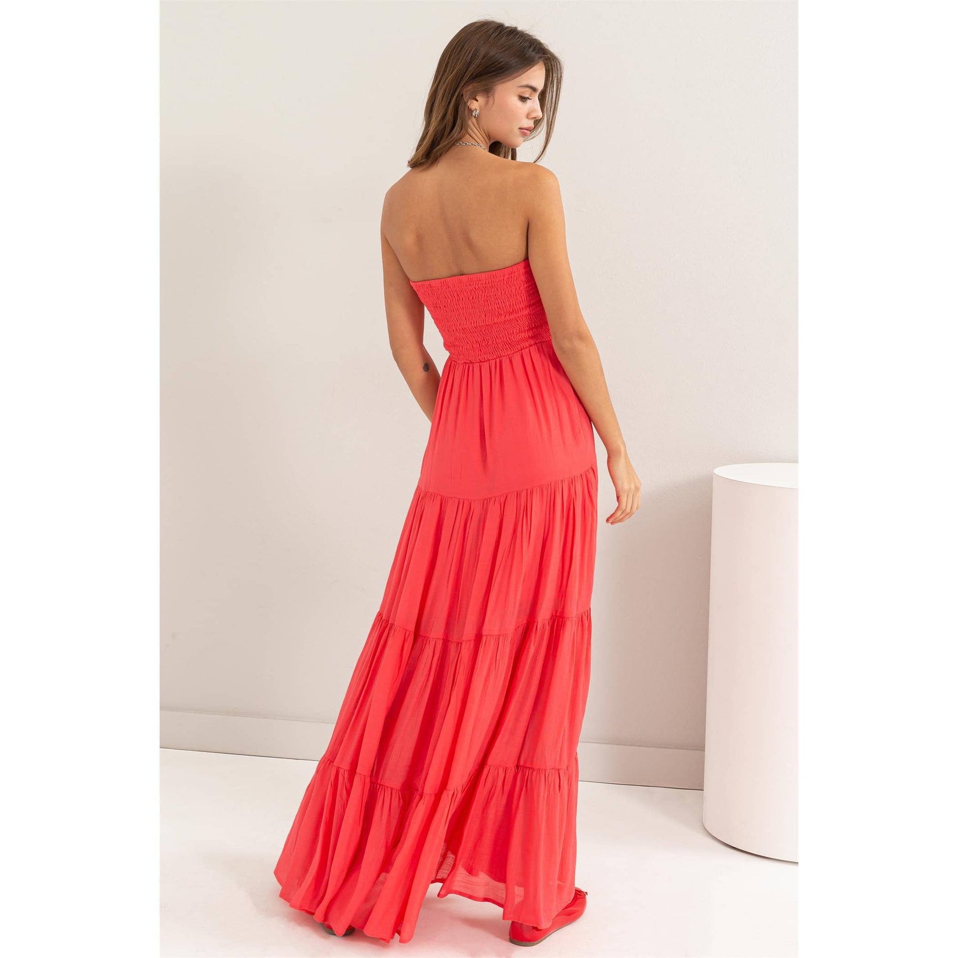 Smocked Strapless Tube Top Tiered Flowy Coral Maxi Dress