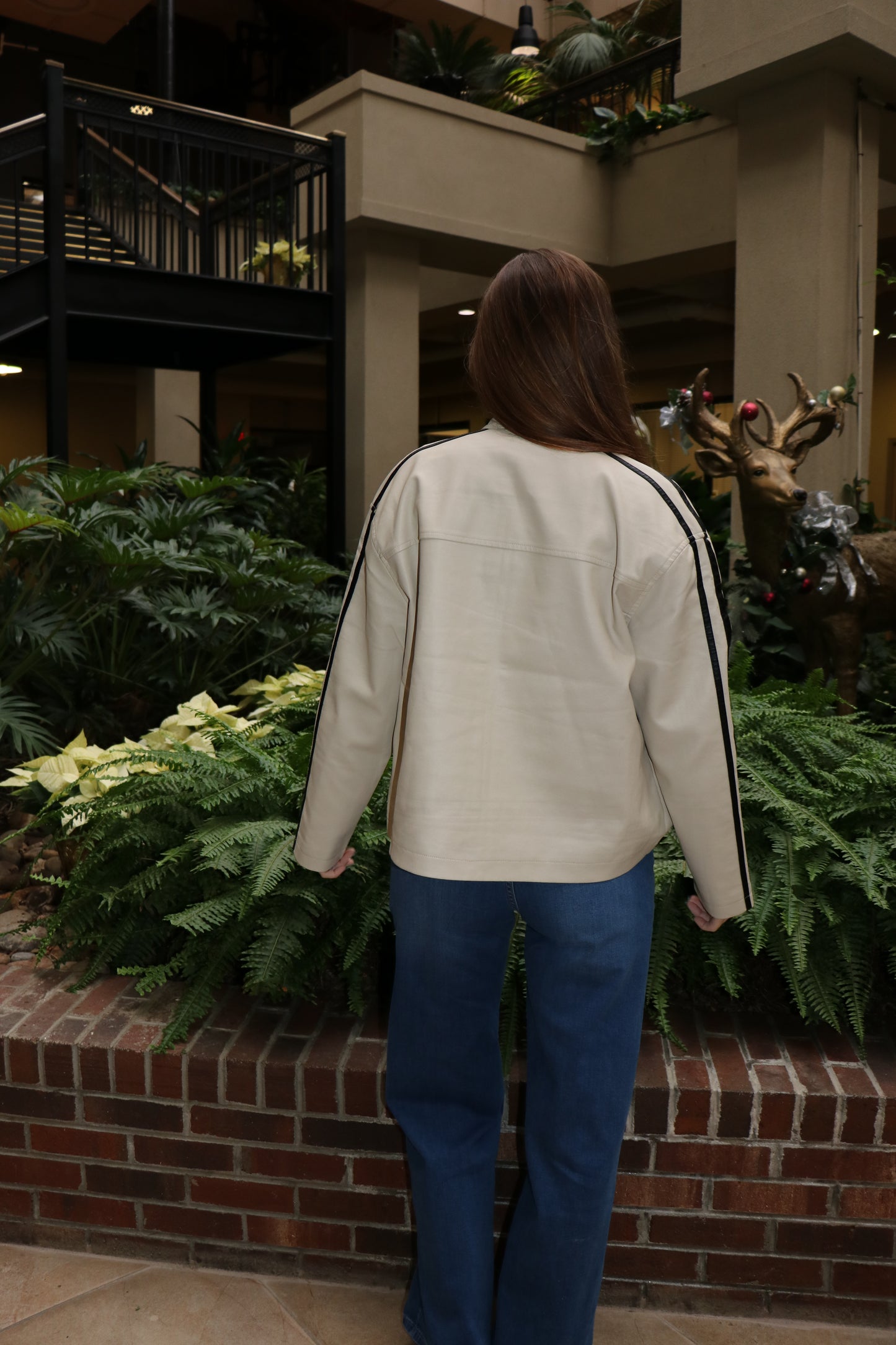 Long Sleeve Line Detail Washed Effect Faux Leather Jacket