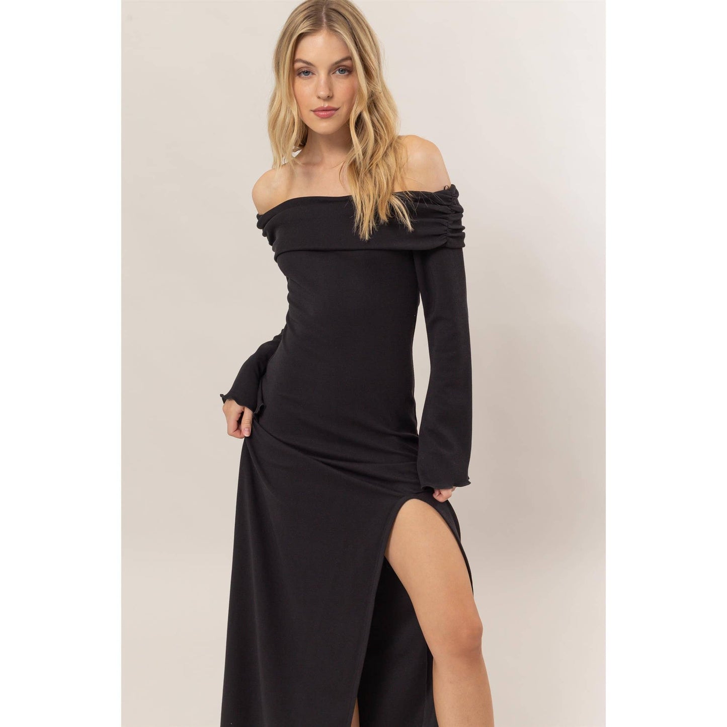 Rider Off-The-Shoulder Ribbed Knit Maxi Dress