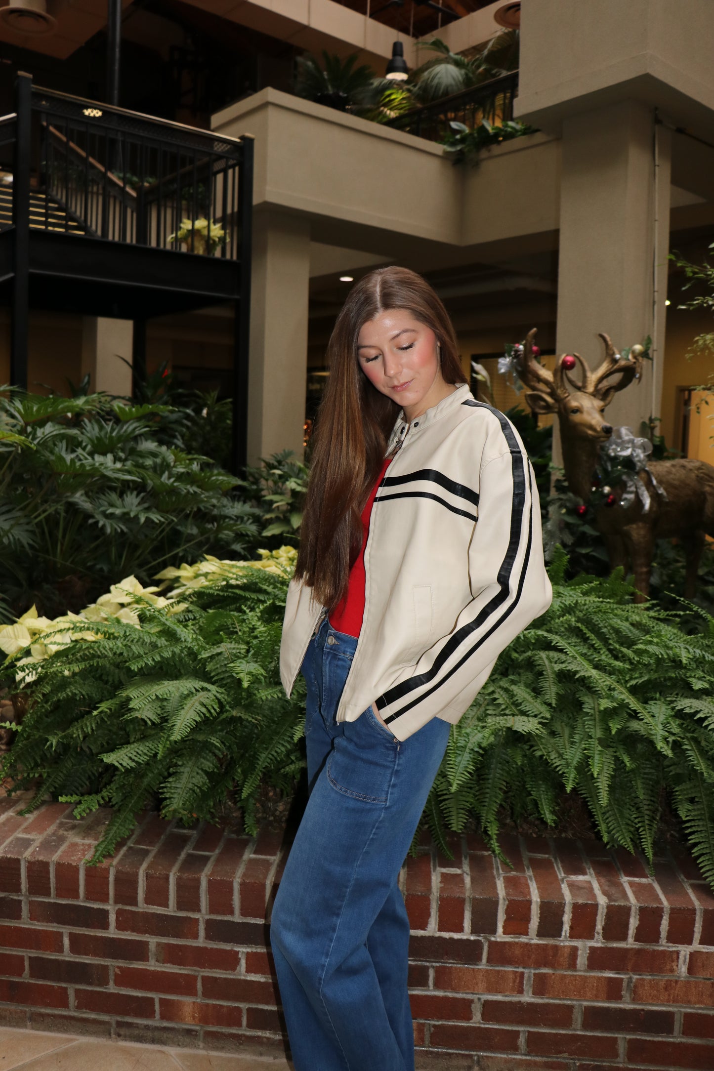 Long Sleeve Line Detail Washed Effect Faux Leather Jacket