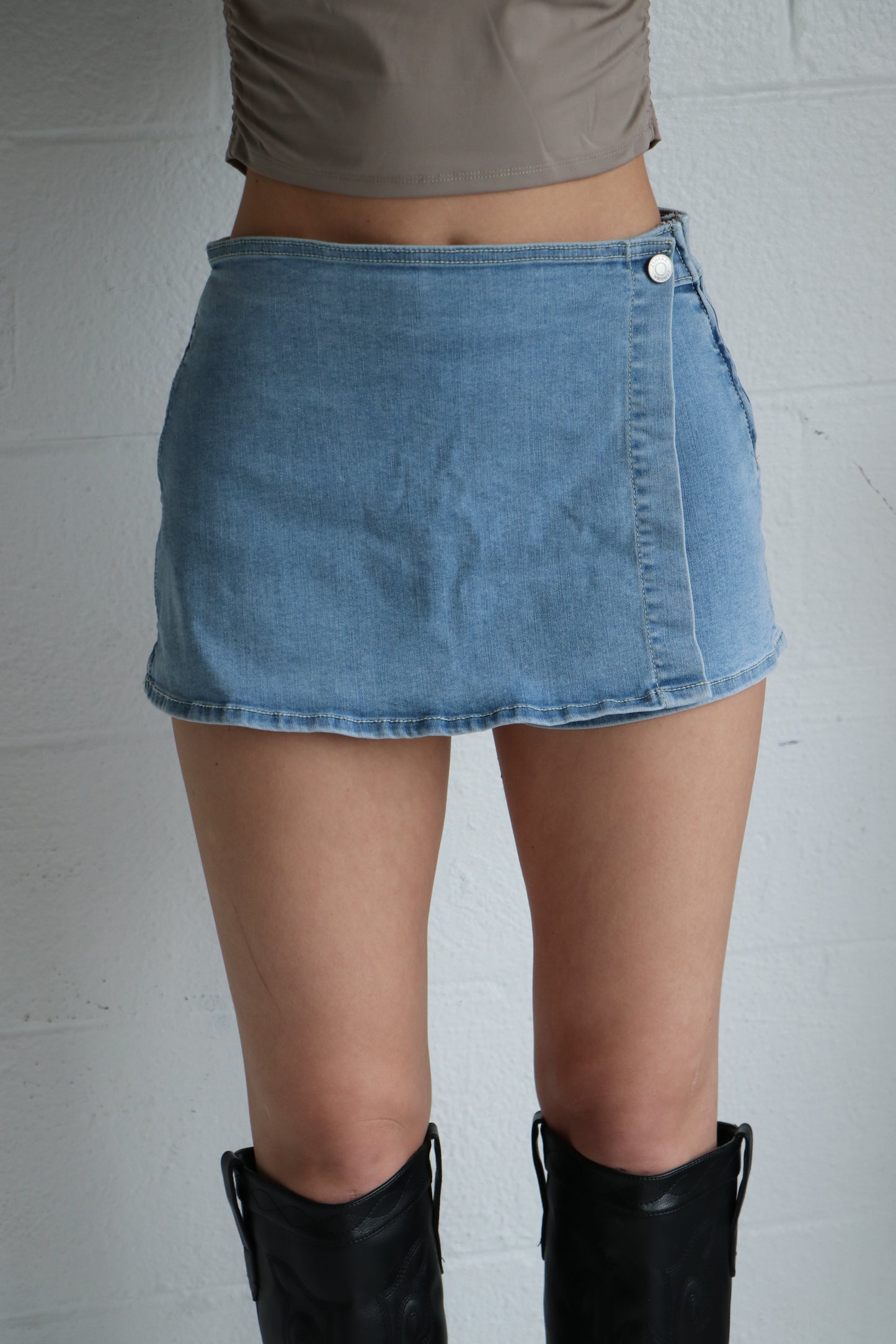 Wrap Front Zip Up Denim Skort