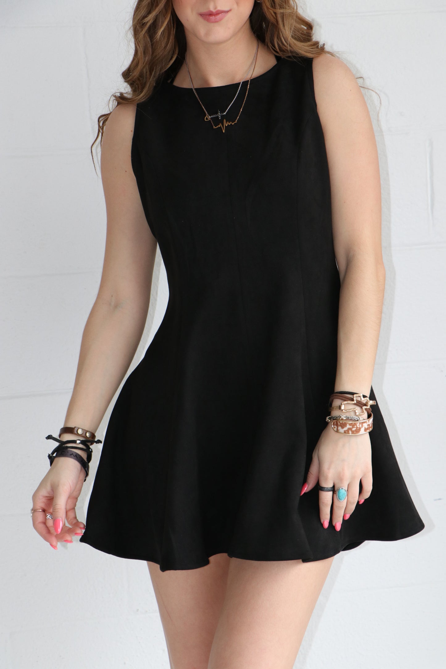 Sleeveless Flared Suede Princess Mini Dress