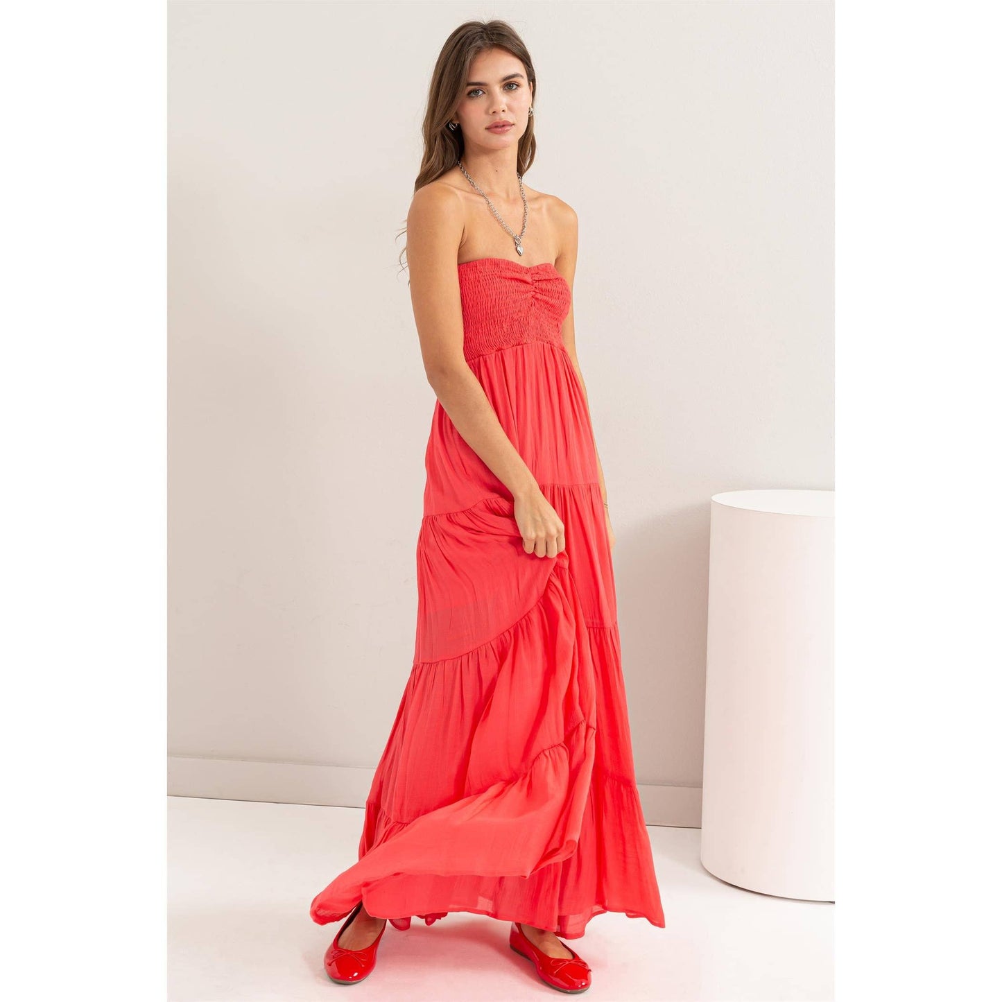 Smocked Strapless Tube Top Tiered Flowy Coral Maxi Dress
