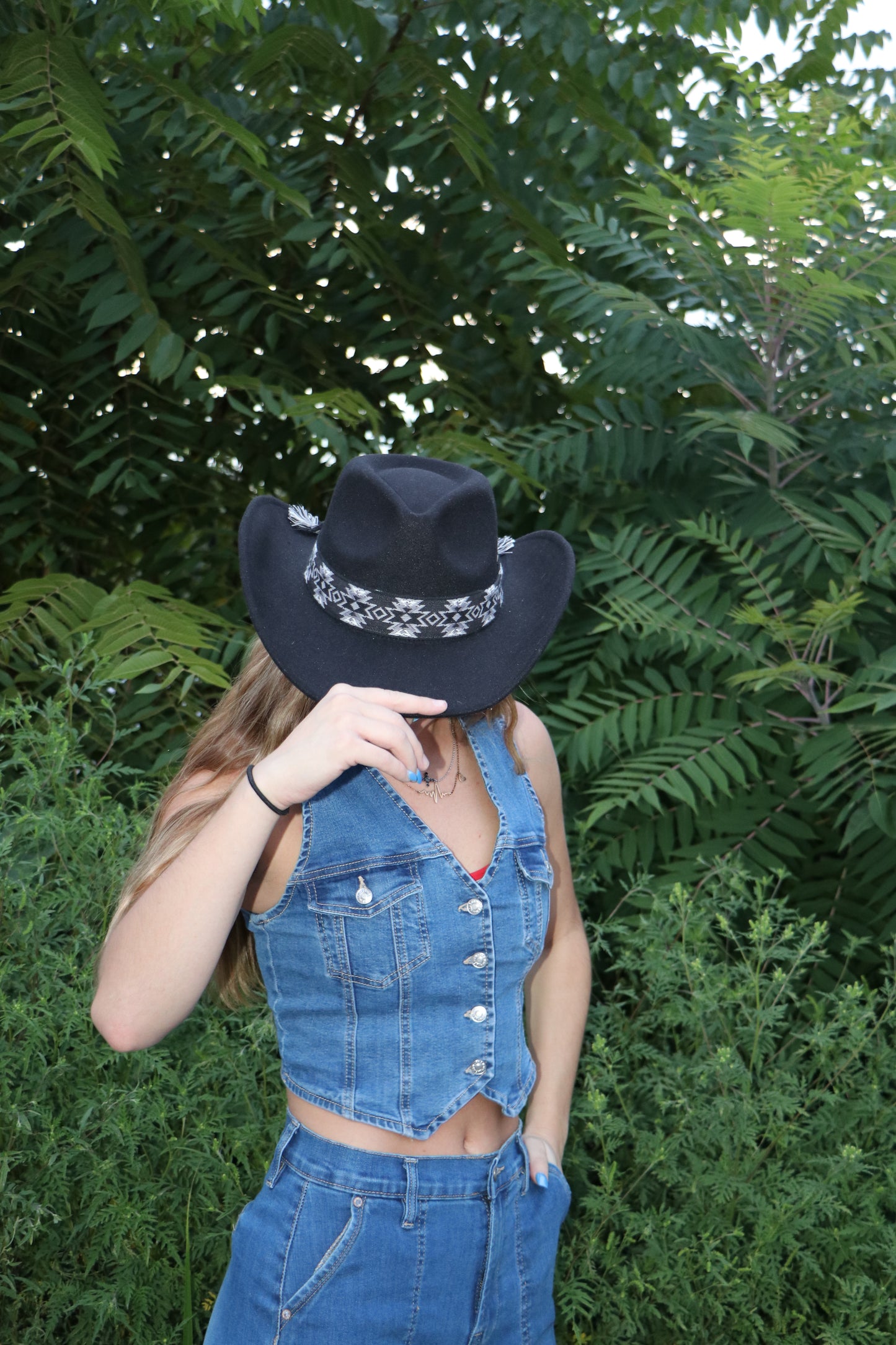 Vegan Felt Southwest Pattern Belt Cowboy Hat