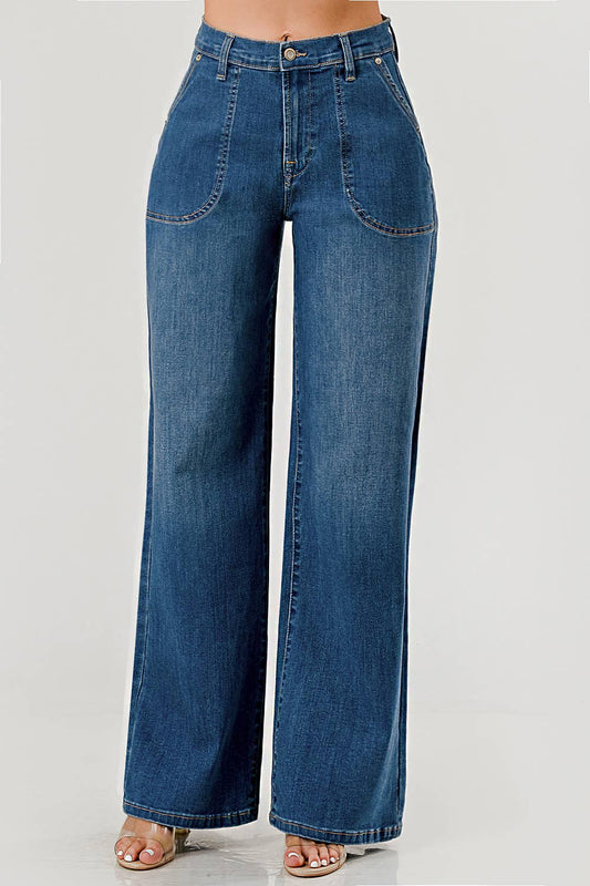 Medium Wash High Rise Patched Pocket Wide Leg Jeans