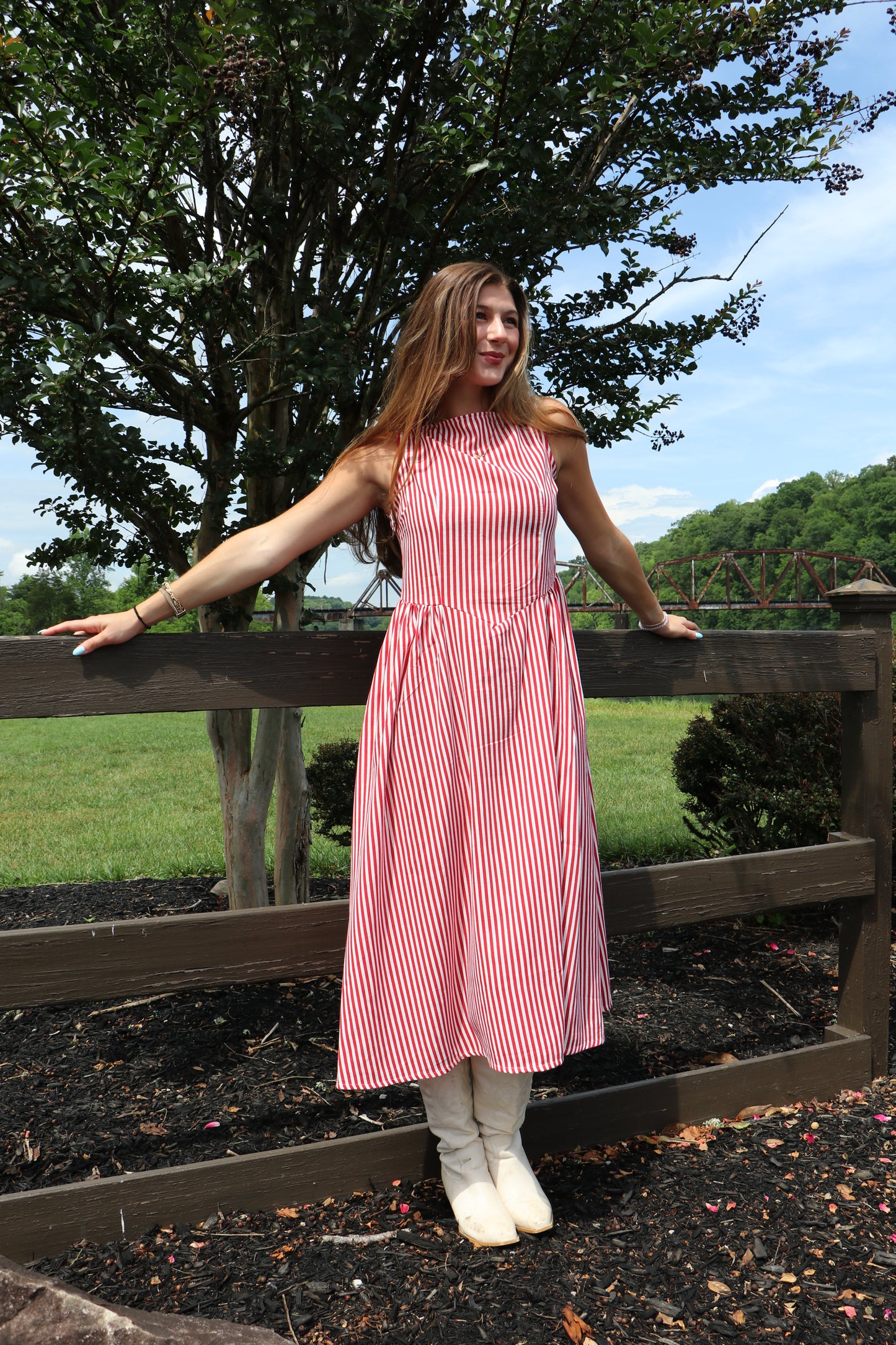 Sweet Liberty Boat Neck Striped Linen Effect Midi Dress