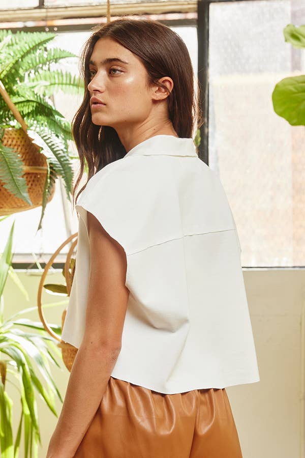 Boxy Crop Top Drop Shoulder Collared Raw Edge and Hem Ollie Top