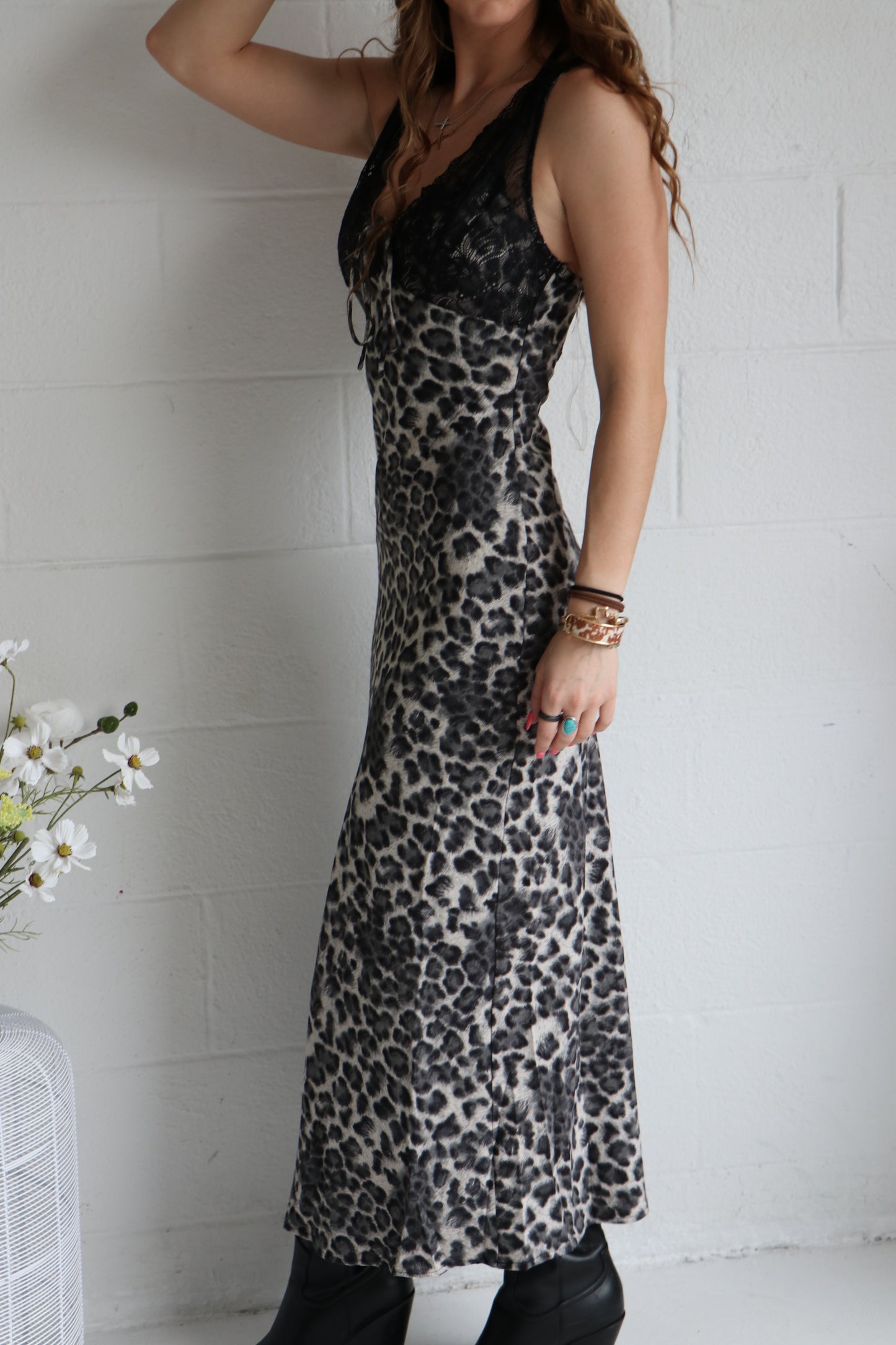 Lace-Trimmed Leopard Print Slip Dress