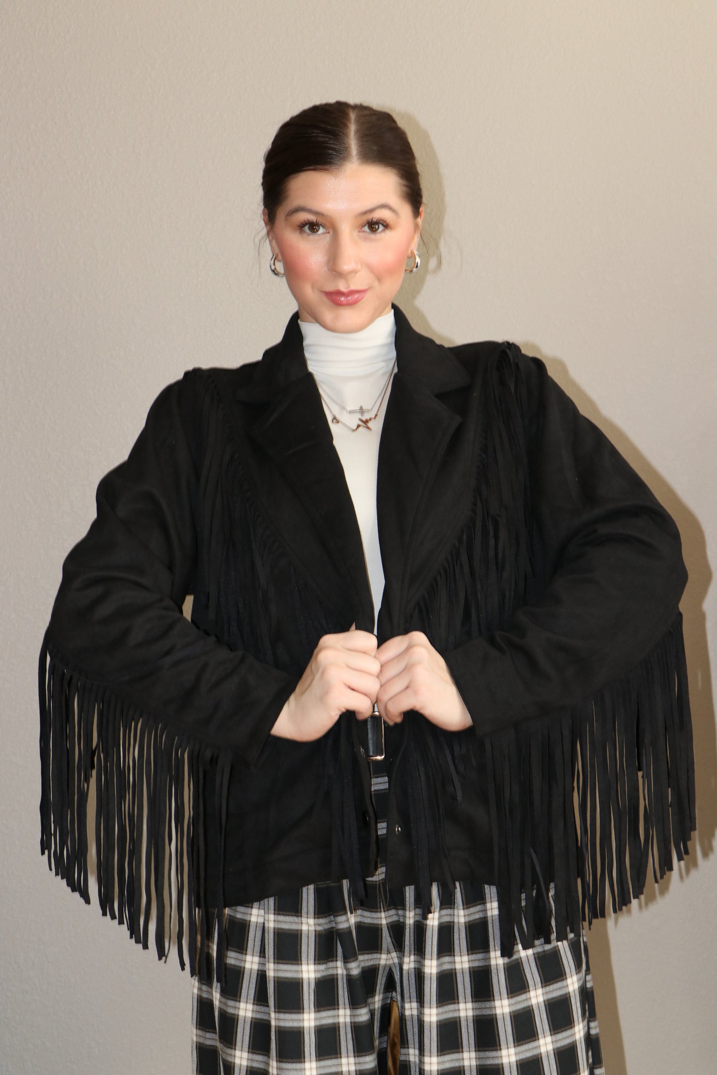 Suede Fringe Snap Button Jacket