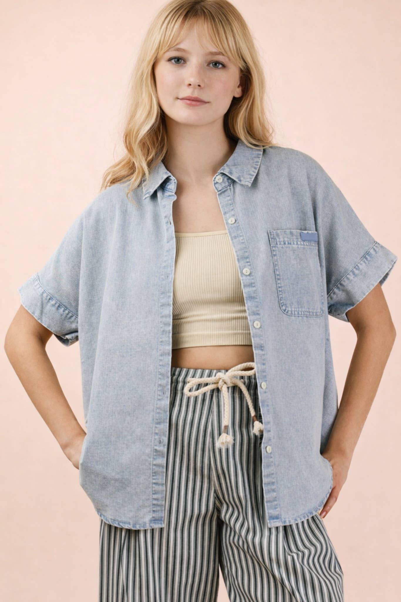 Oversized Chambray Denim Shirt | Mineral Washed Button Down Top