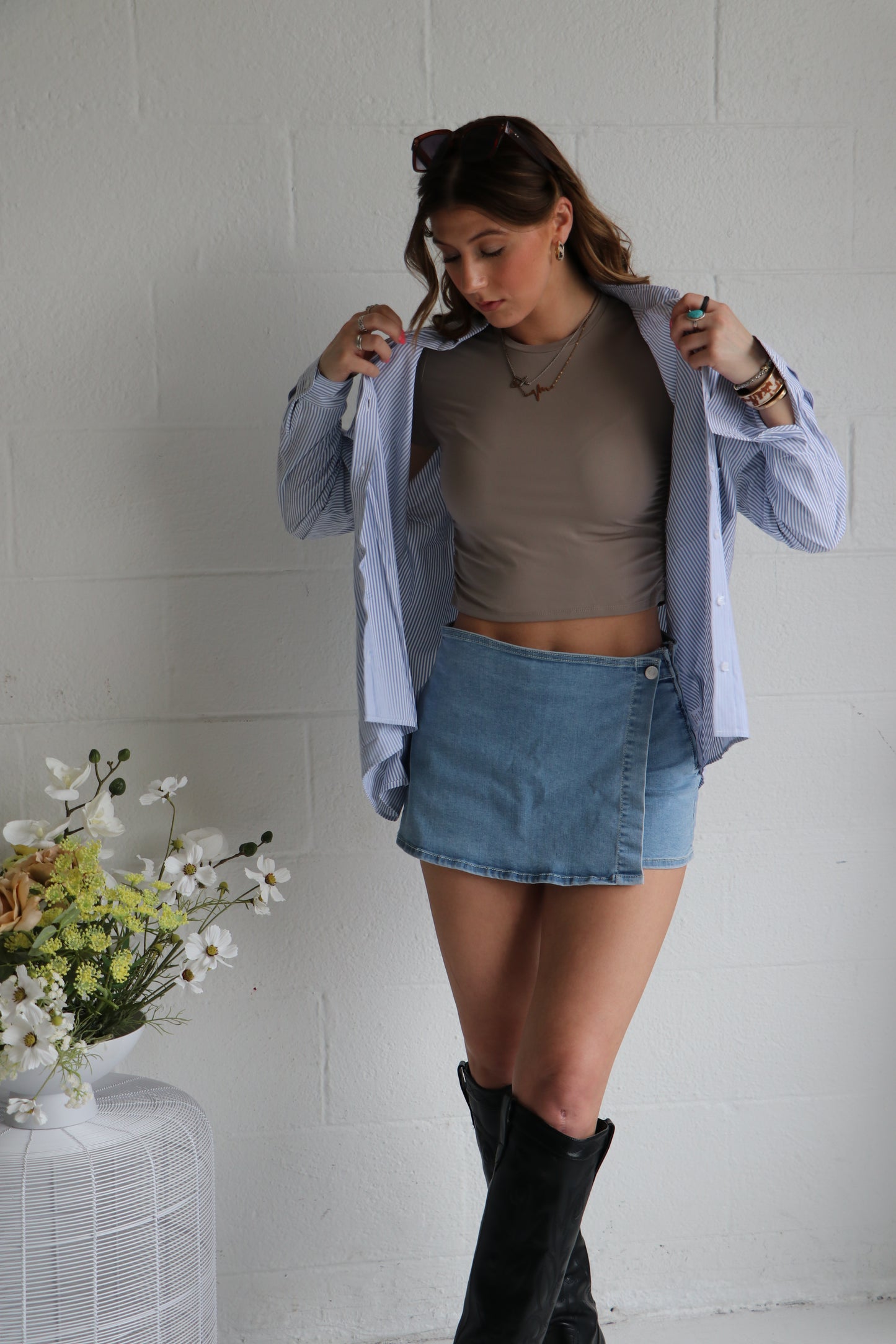 Wrap Front Zip Up Denim Skort