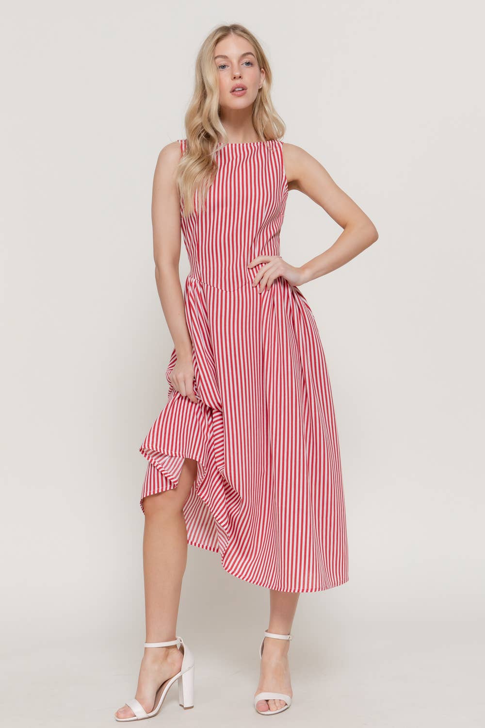 Sweet Liberty Boat Neck Striped Linen Effect Midi Dress