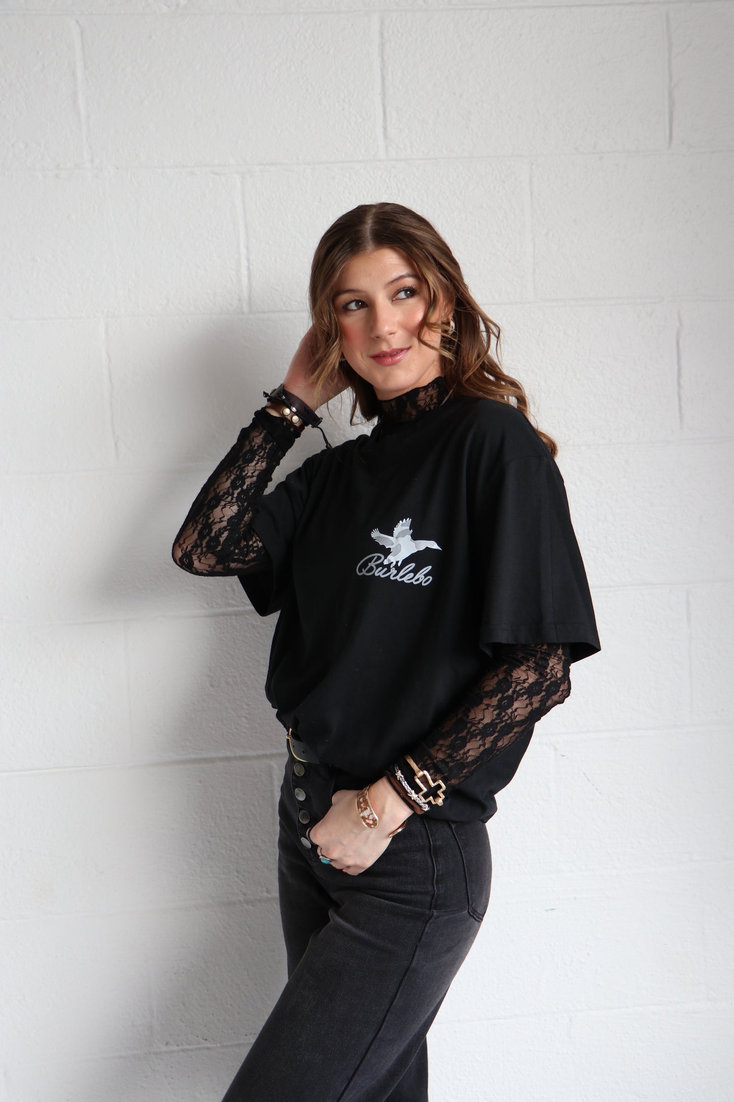 High Neck Fitted Sheer Mesh Lace Knit Top