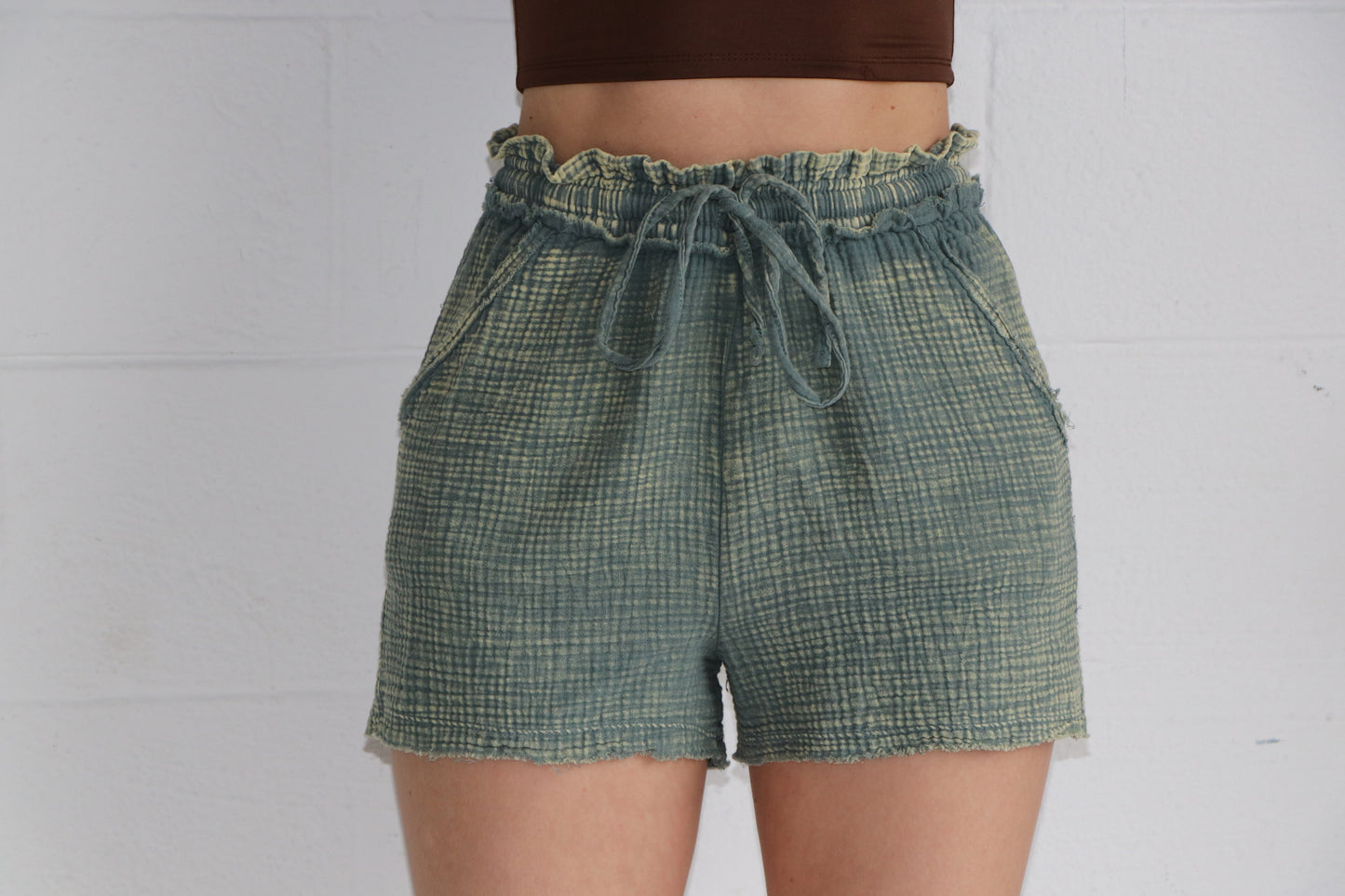Green Washed Double Gauze Lightweight Drawstring Shorts