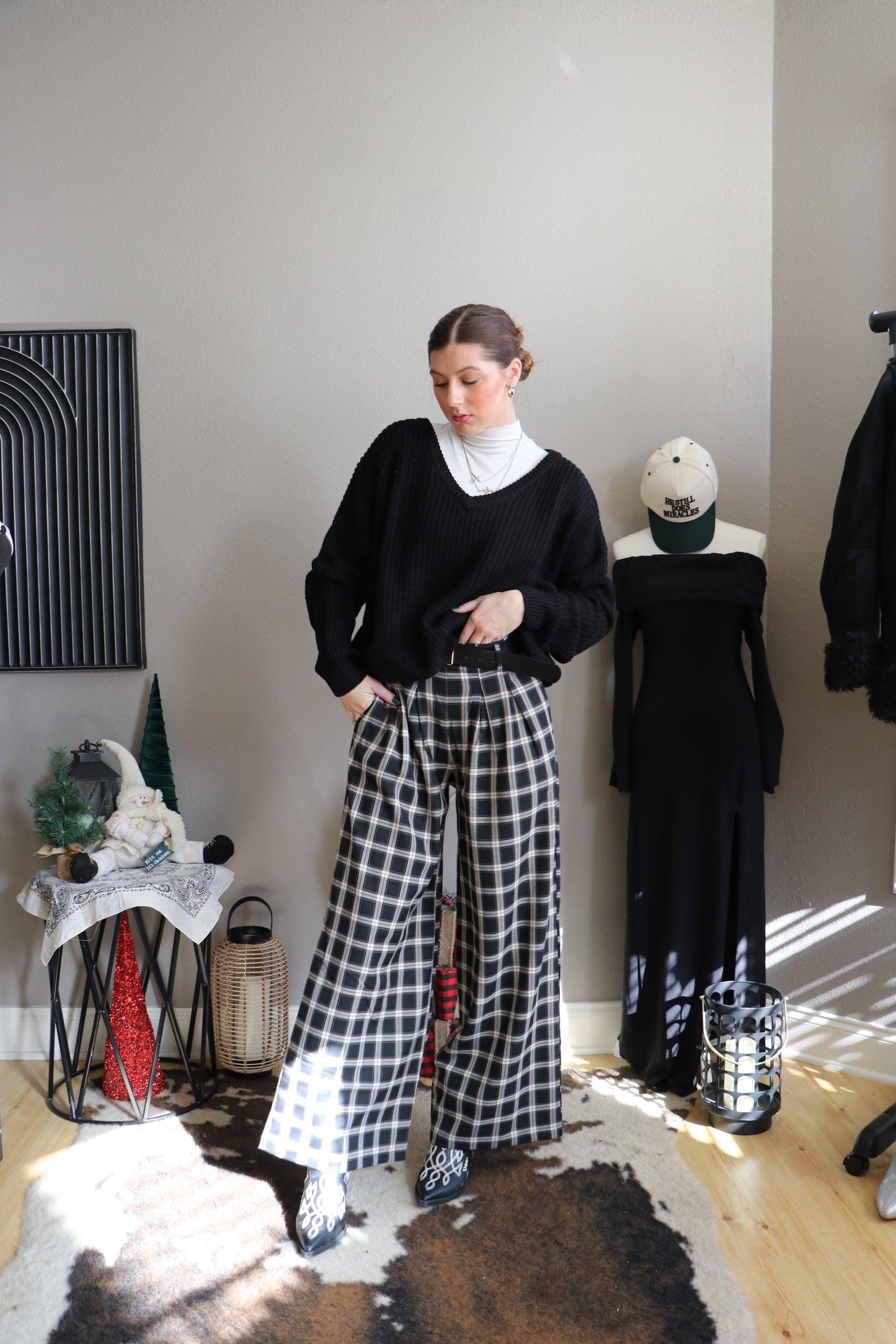 Pleats Detail Belted Side Zipper Plaid Woven Wide Long Pants