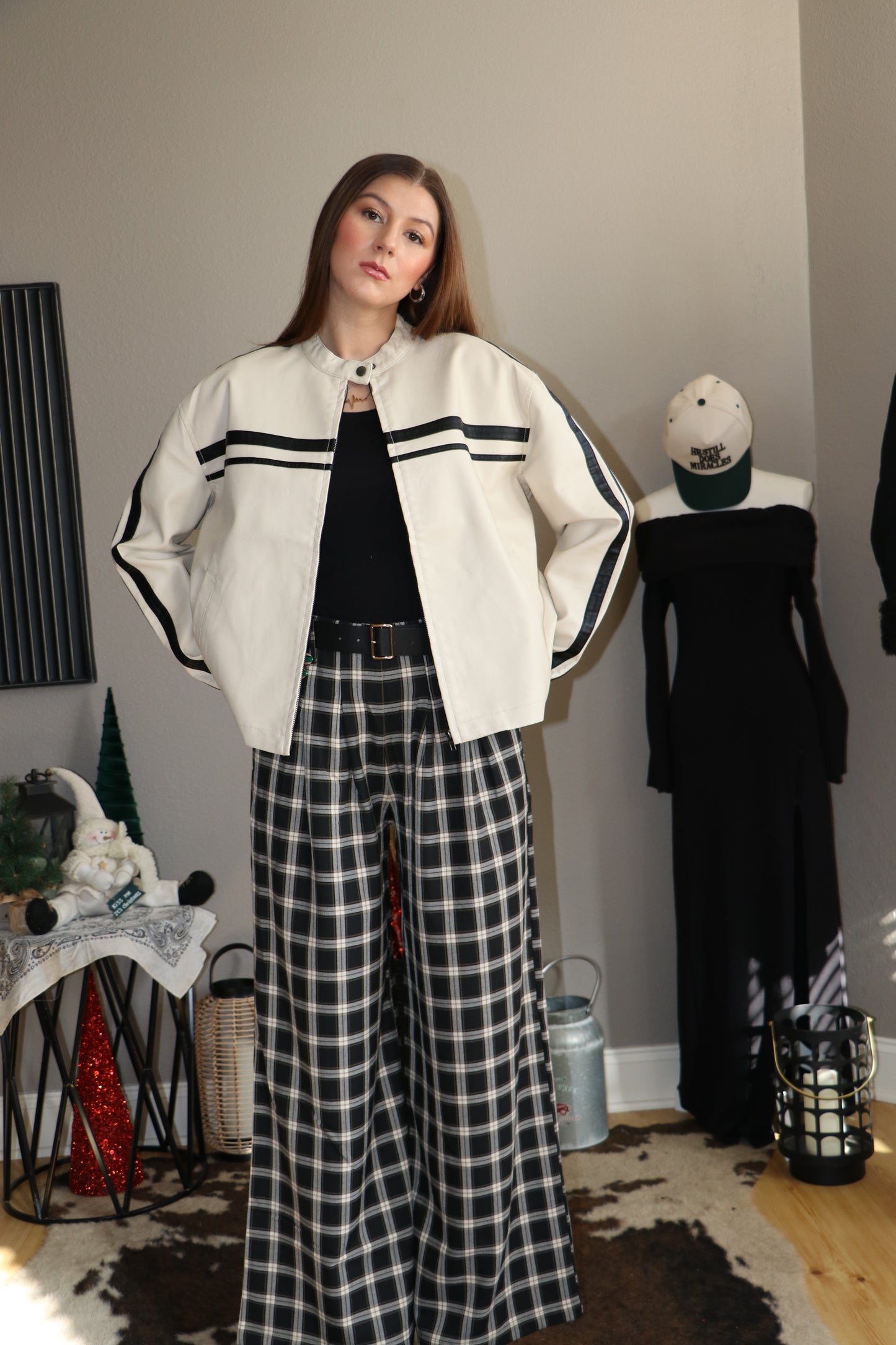 Long Sleeve Line Detail Washed Effect Faux Leather Jacket