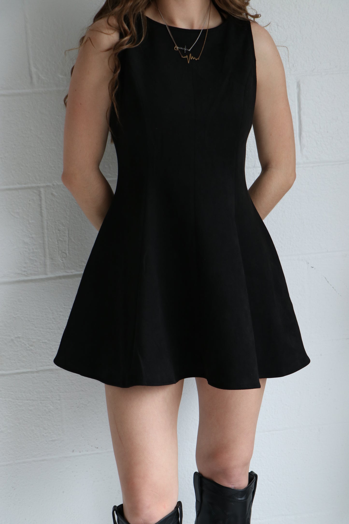 Sleeveless Flared Suede Princess Mini Dress