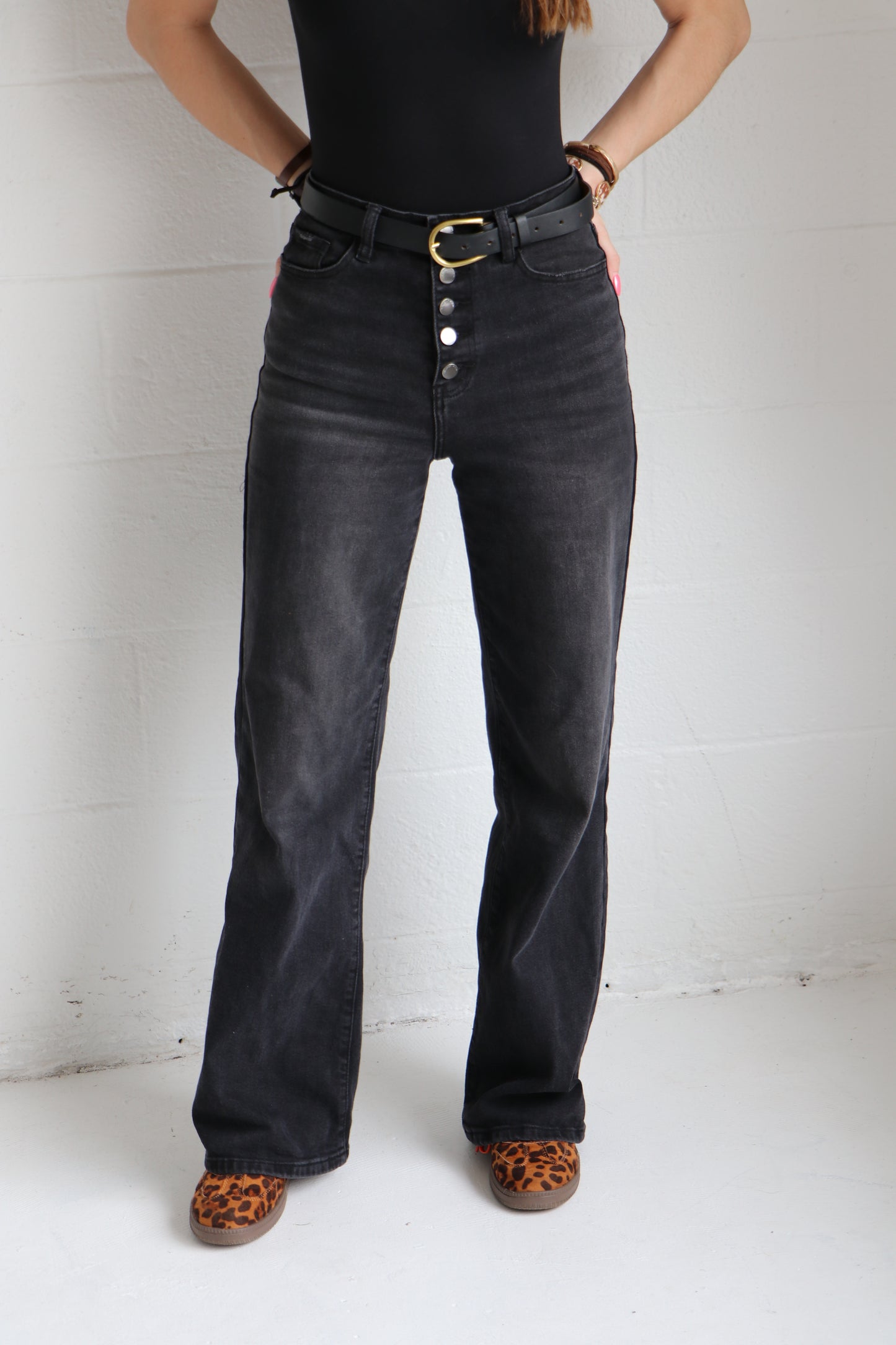 Everyday Black High-Waist Button Up Wide Leg Jeans