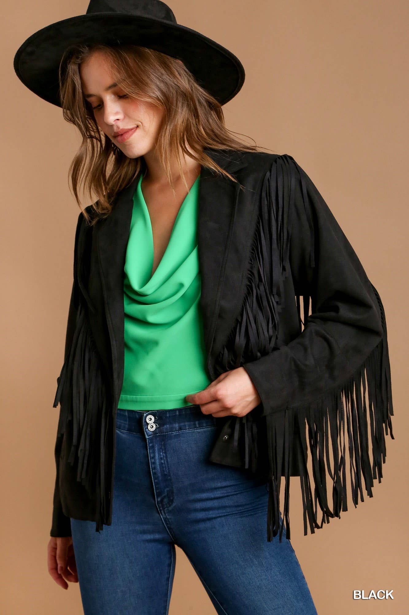 Suede Fringe Snap Button Jacket
