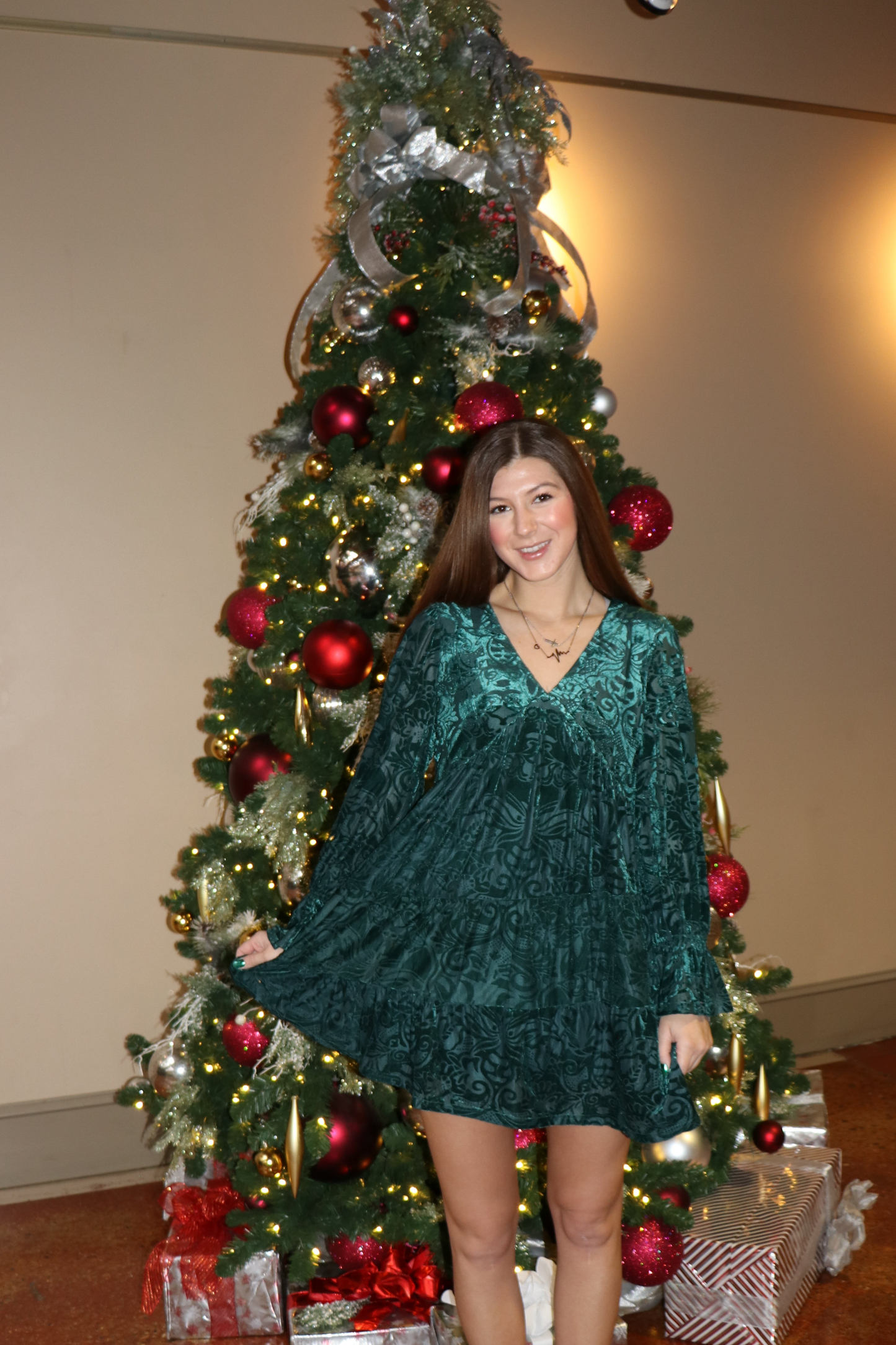 Deep V-neck Jacquard Velvet Holiday Mini Dress