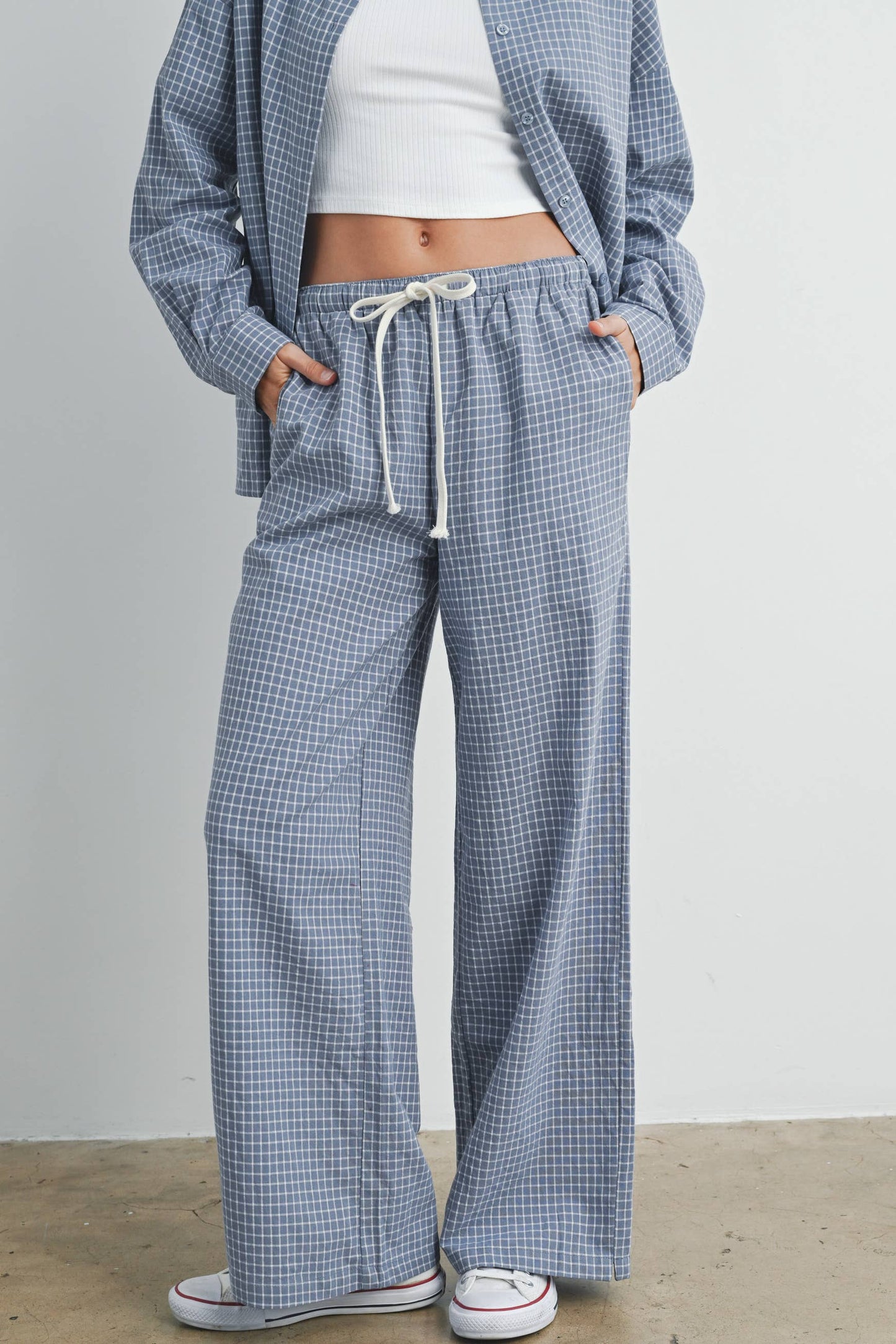 High Waisted Drawstring Plaid Pant