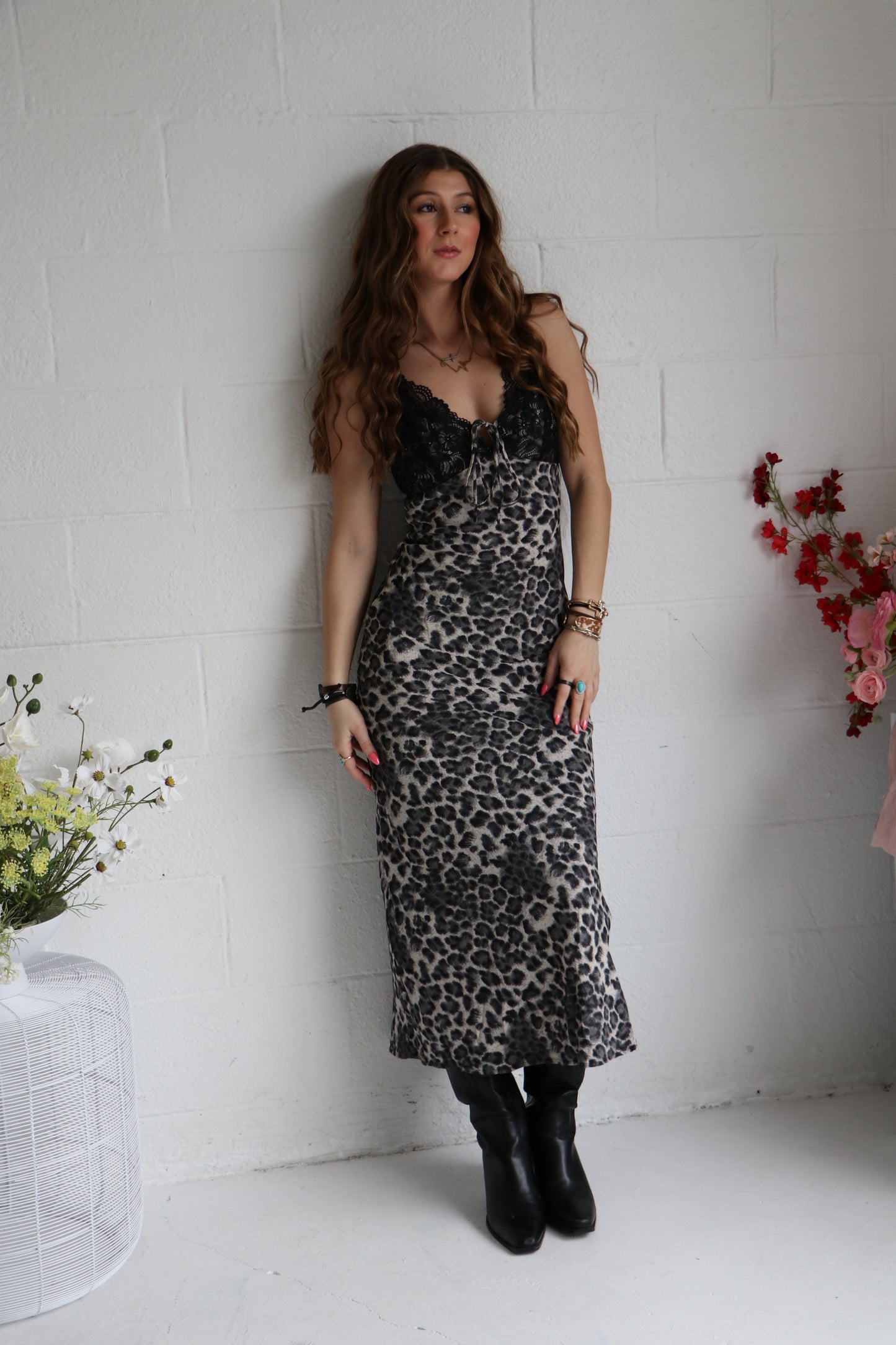 Lace-Trimmed Leopard Print Slip Dress