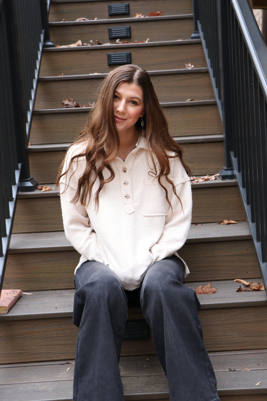 Half Button Down Collared Textured Henley Knit Top