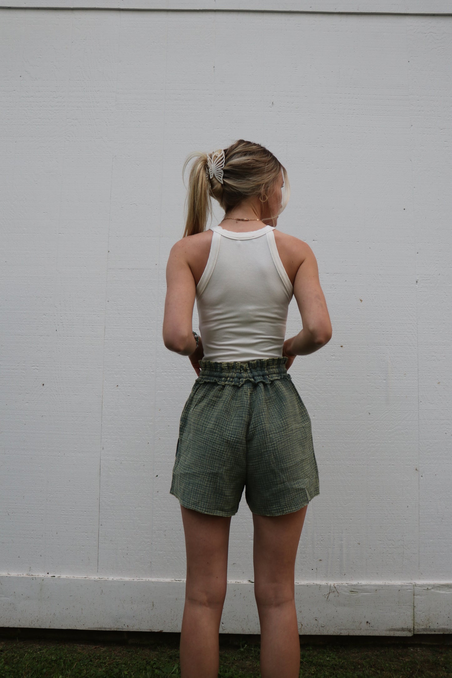 Washed Double Gauze Frayed Hem Drawstring Shorts