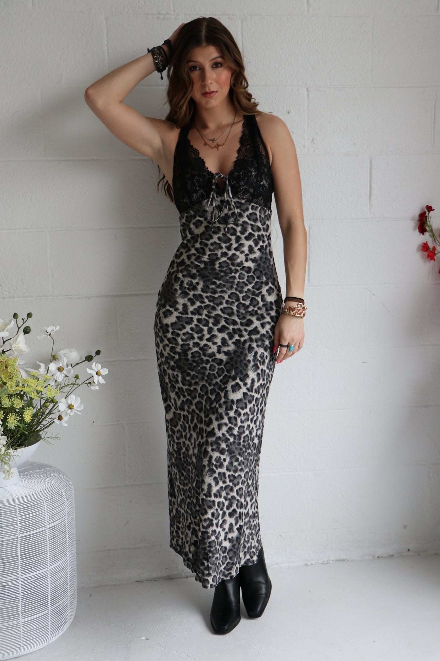 Lace-Trimmed Leopard Print Slip Dress