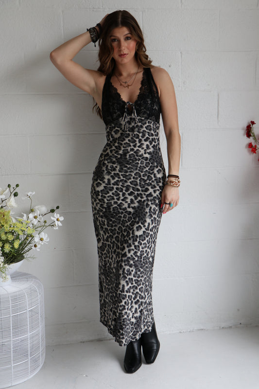 Lace-Trimmed Leopard Print Slip Dress
