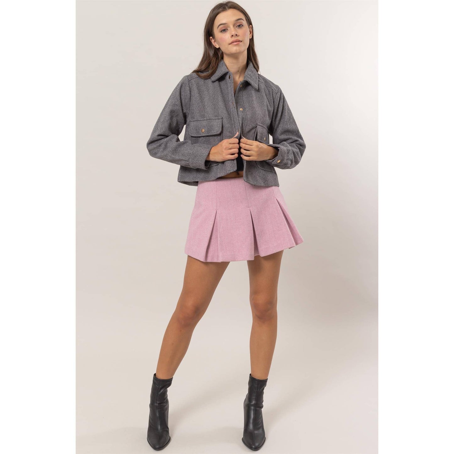 Herringbone Crop Button Down Jacket