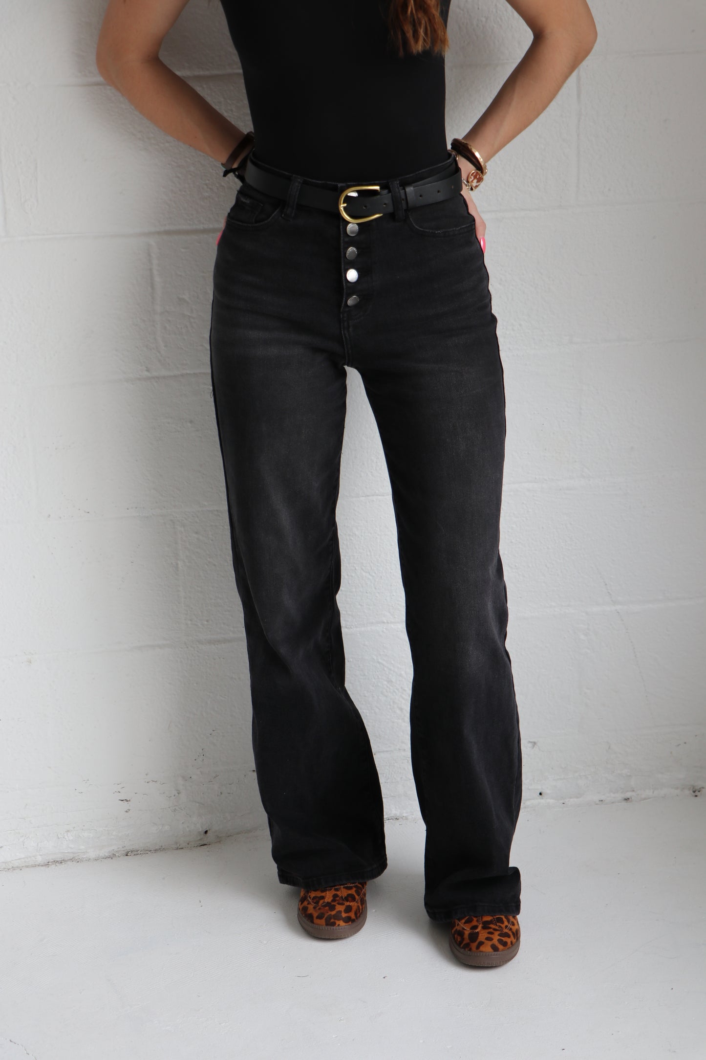 Everyday Black High-Waist Button Up Wide Leg Jeans
