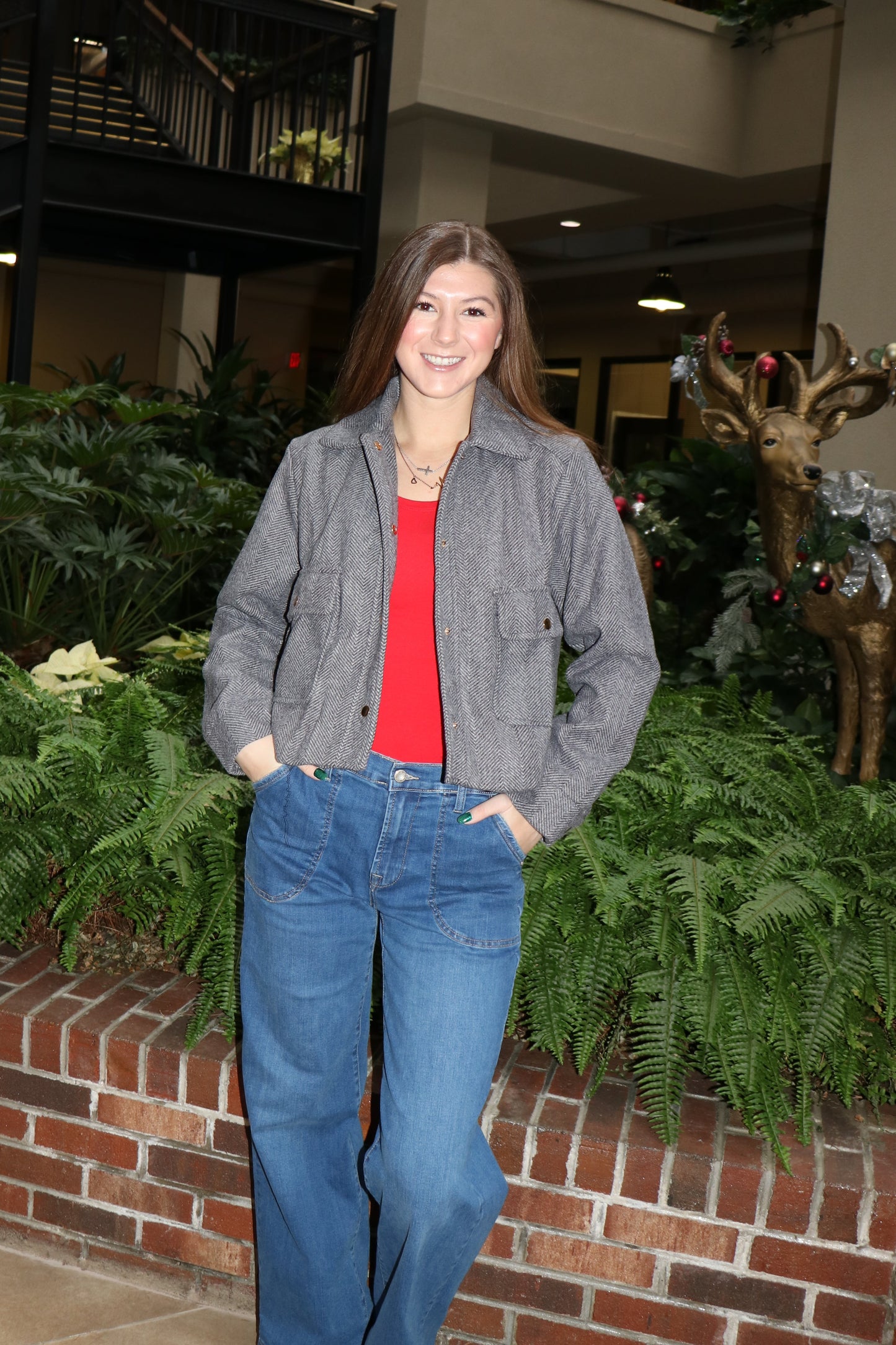 Herringbone Crop Button Down Jacket