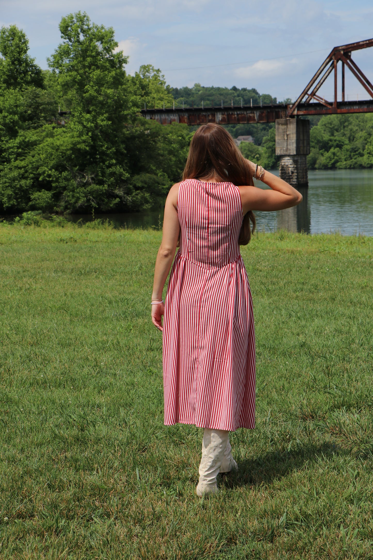Sweet Liberty Boat Neck Striped Linen Effect Midi Dress