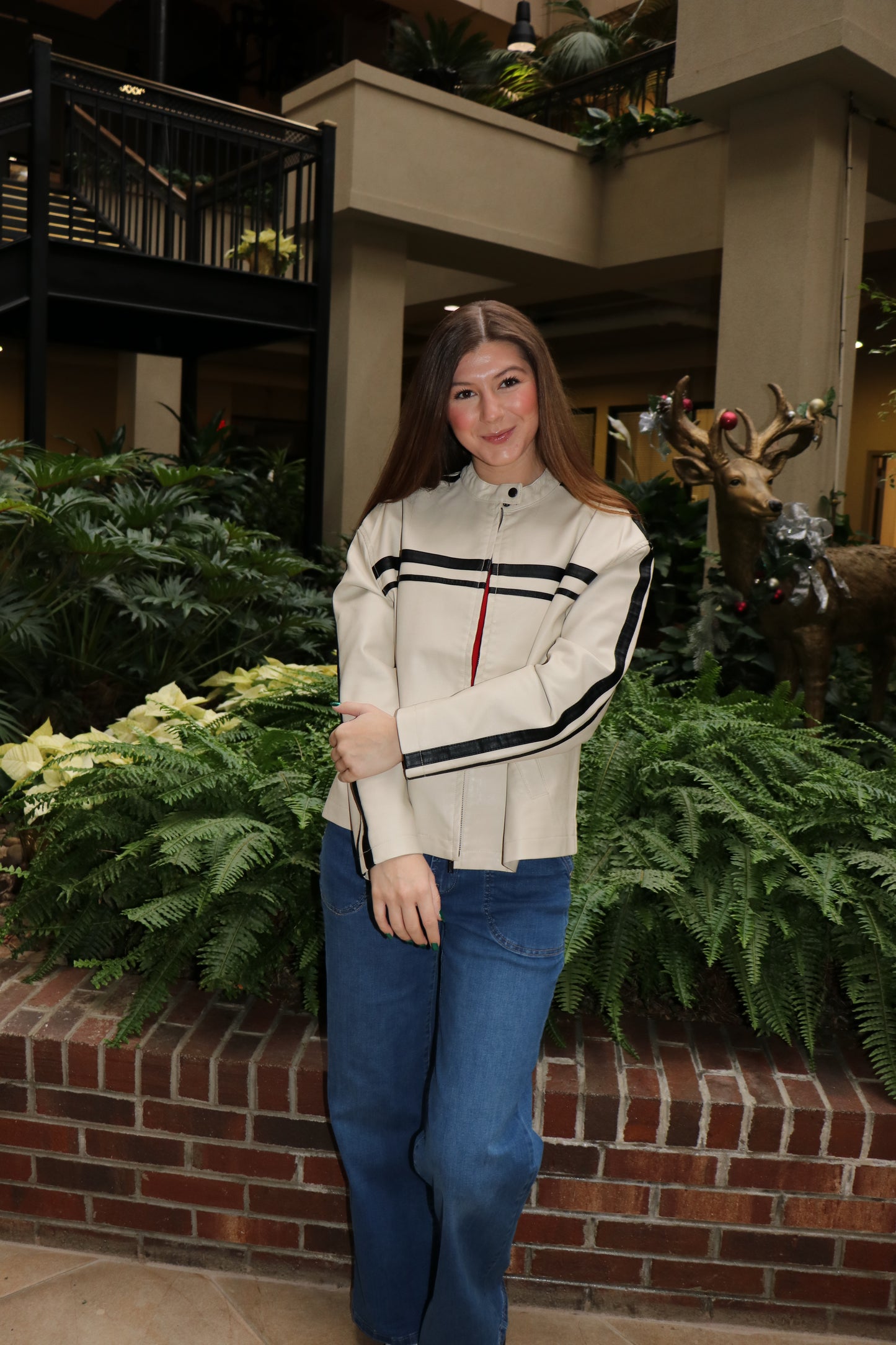 Long Sleeve Line Detail Washed Effect Faux Leather Jacket