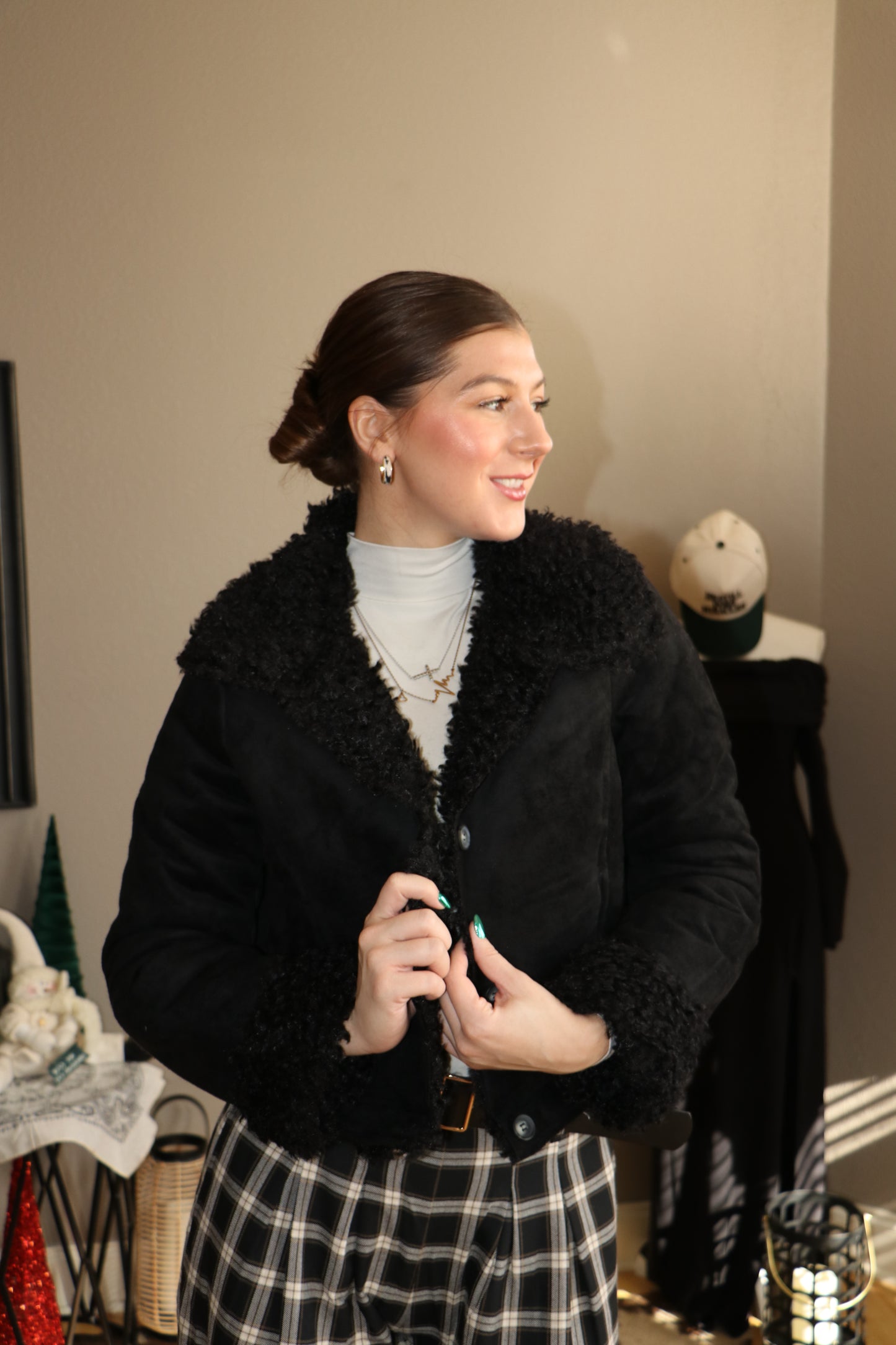 Inside Fur Detail Penny Lane Suede Short Jacket