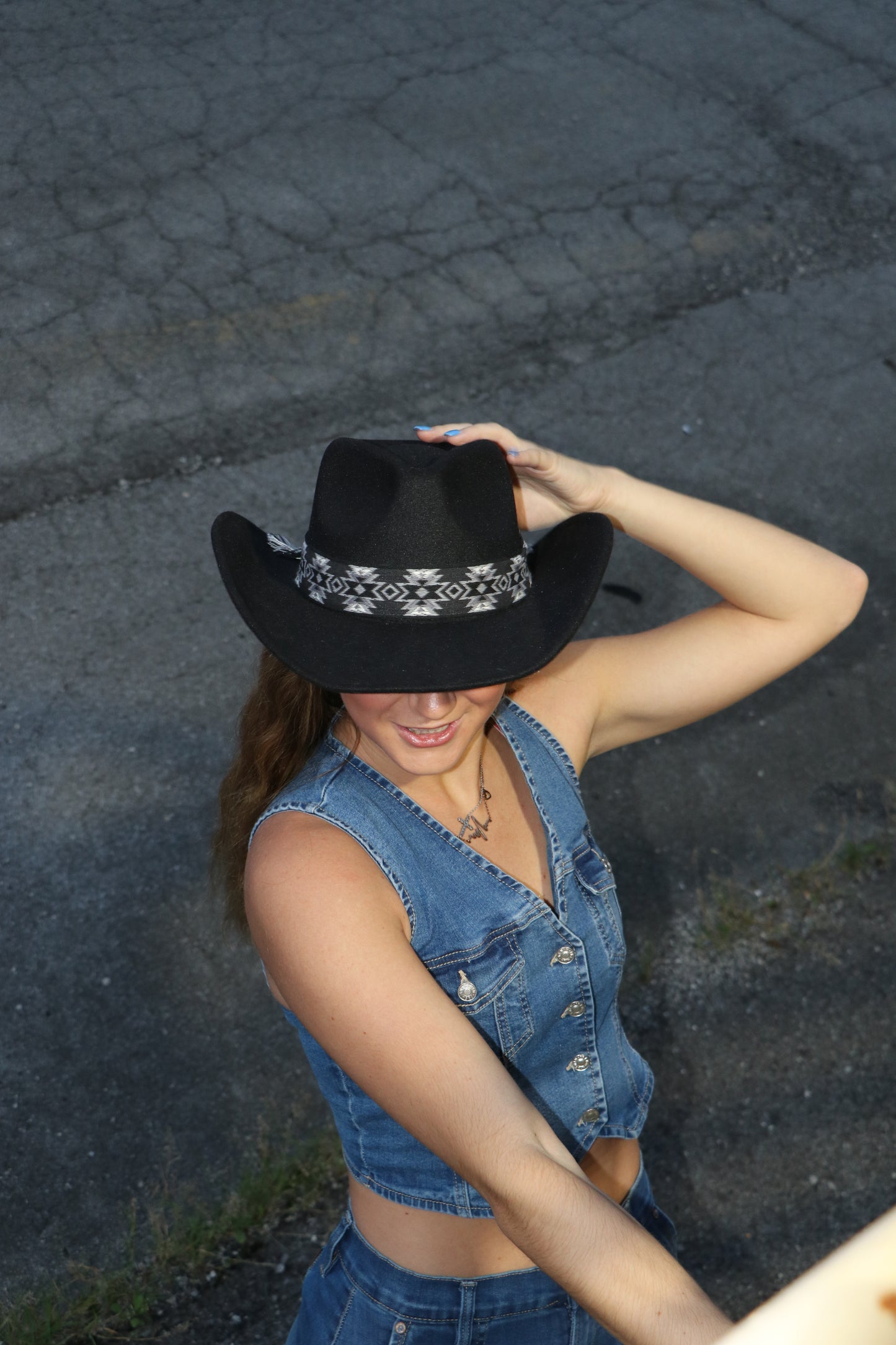 Vegan Felt Southwest Pattern Belt Cowboy Hat