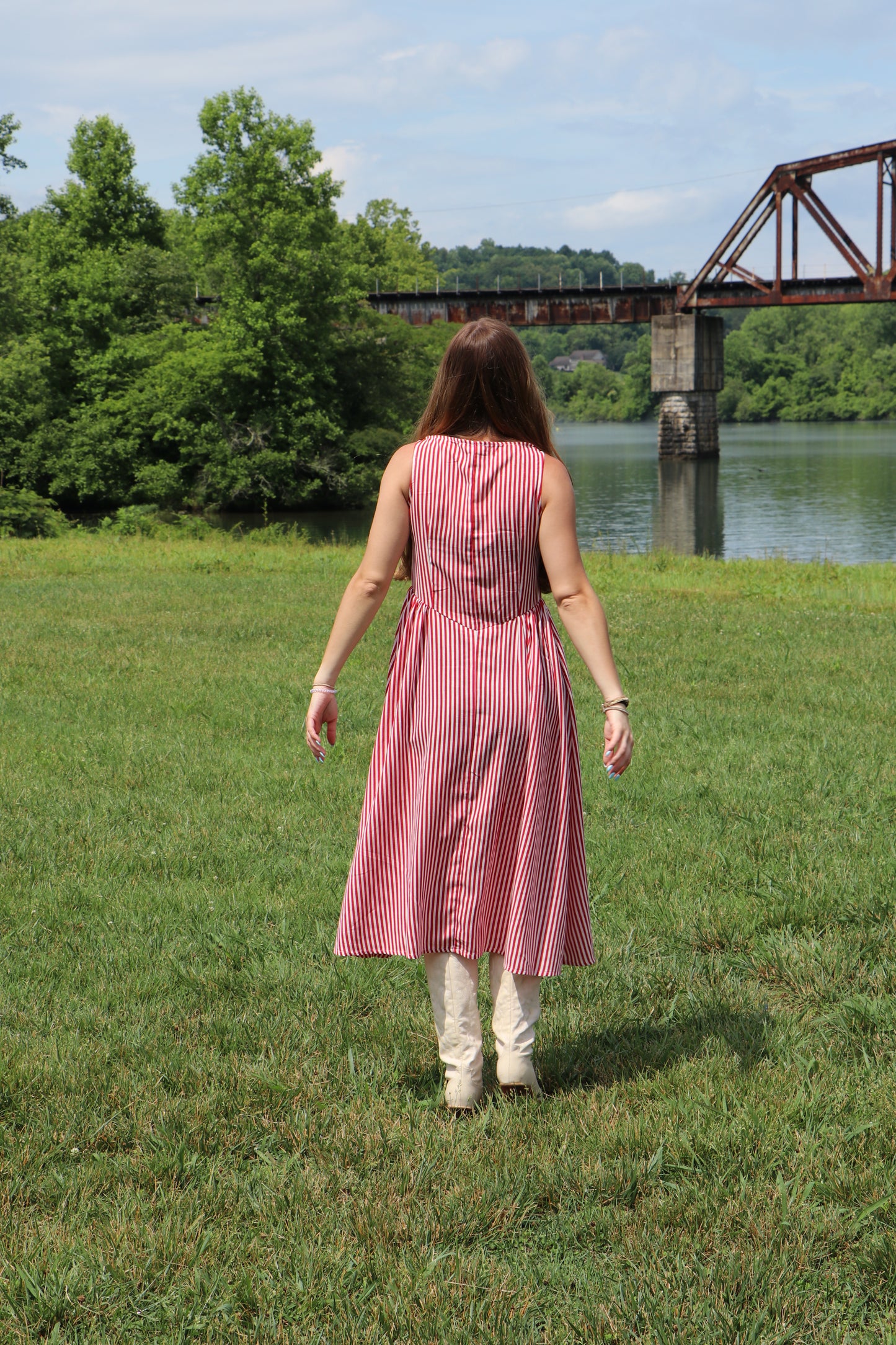 Sweet Liberty Boat Neck Striped Linen Effect Midi Dress