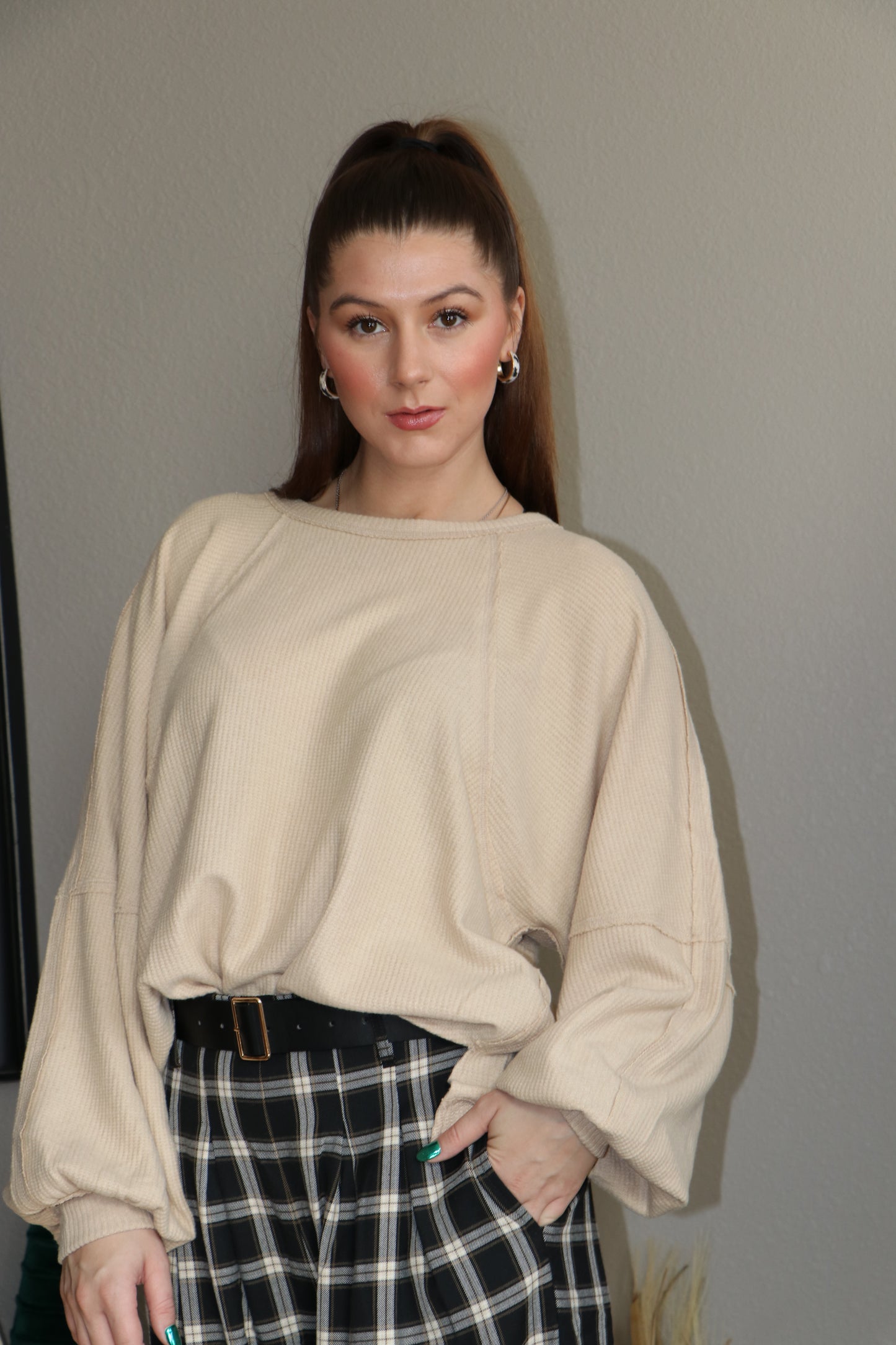 Brushed Waffle Long Sleeve Casual Top