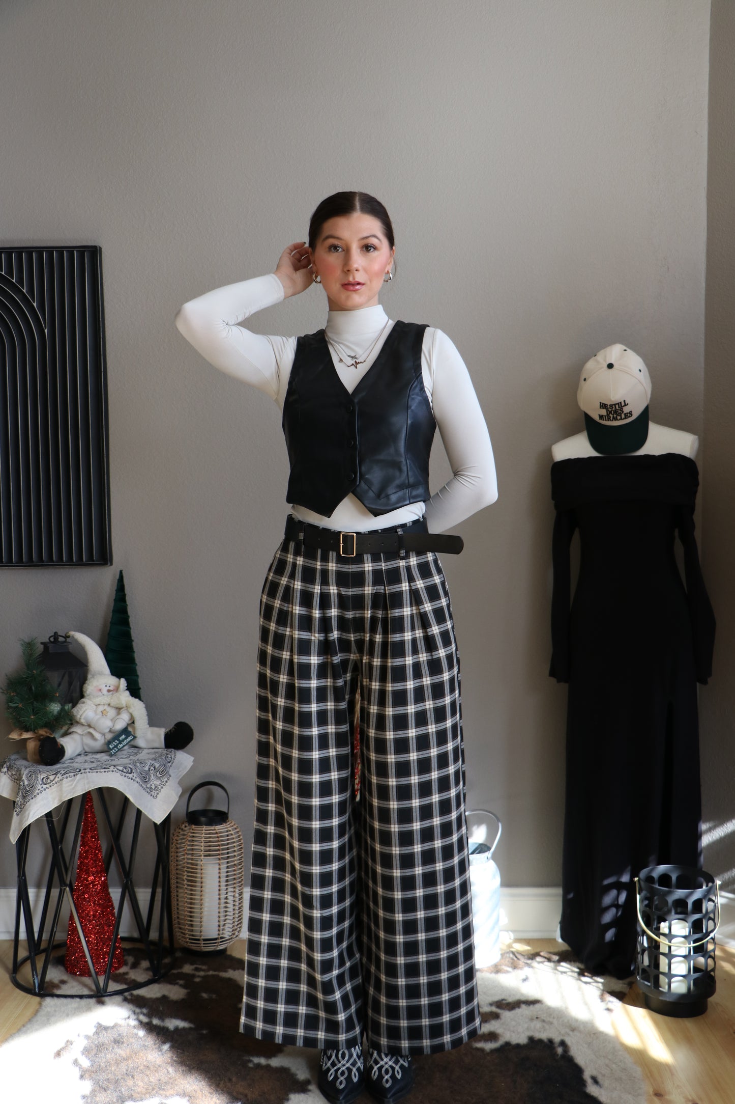 Pleats Detail Belted Side Zipper Plaid Woven Wide Long Pants