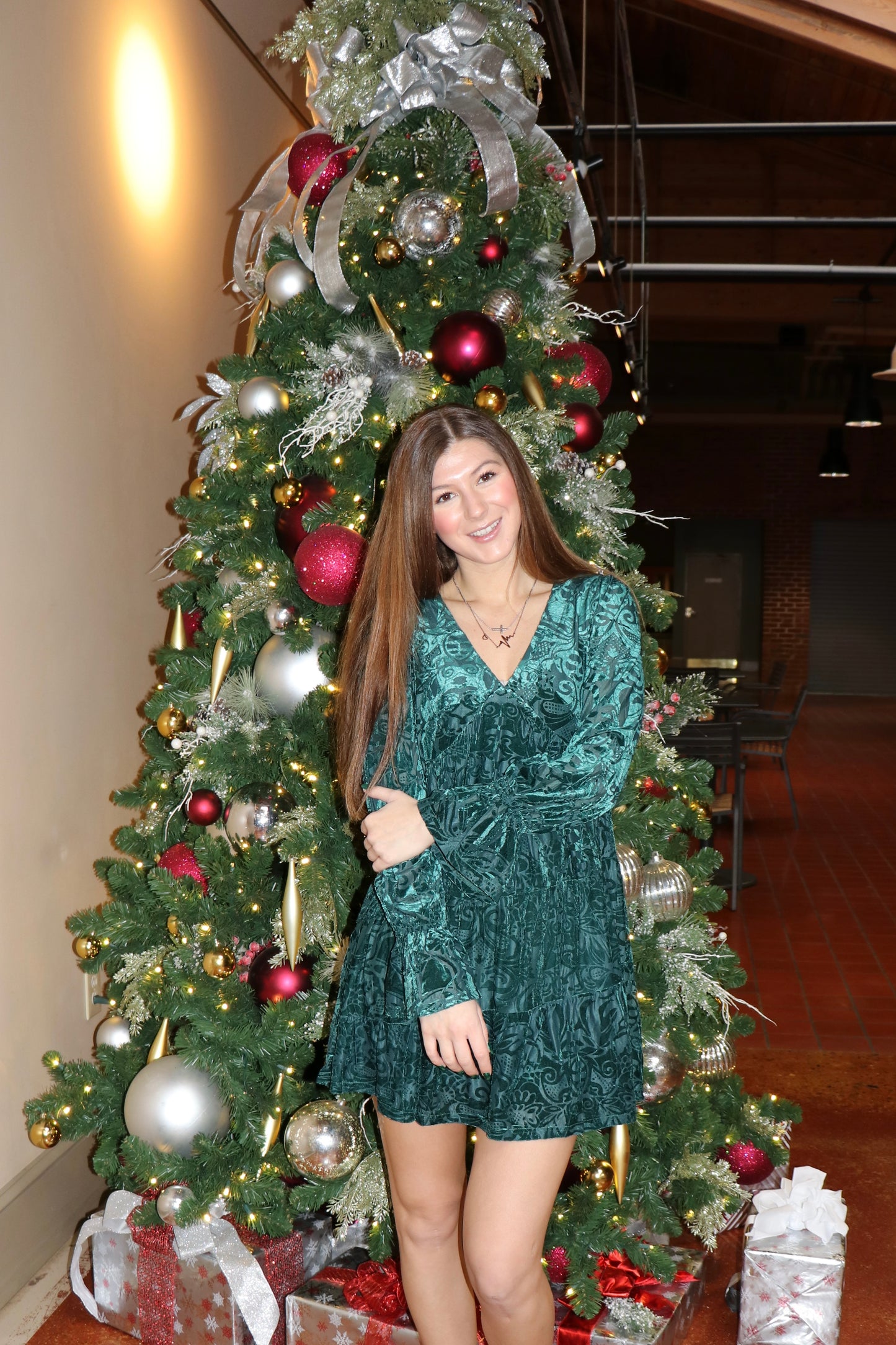 Deep V-neck Jacquard Velvet Holiday Mini Dress