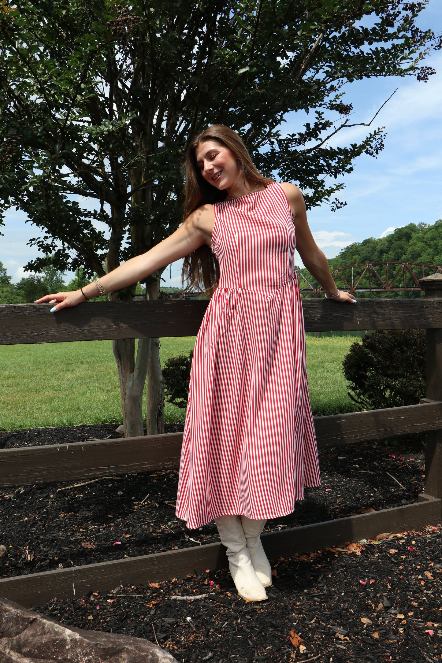 Sweet Liberty Boat Neck Striped Linen Effect Midi Dress