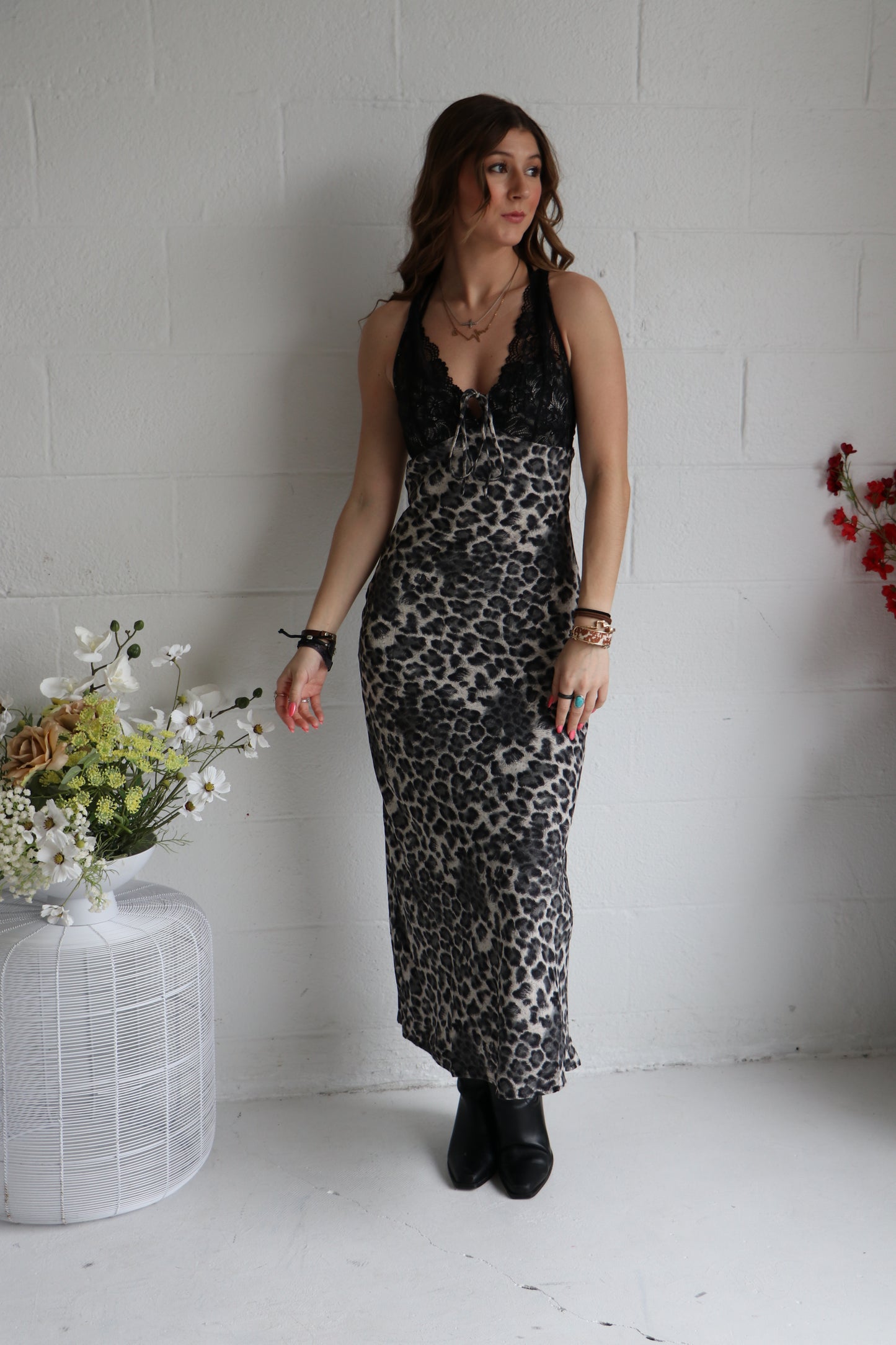 Lace-Trimmed Leopard Print Slip Dress