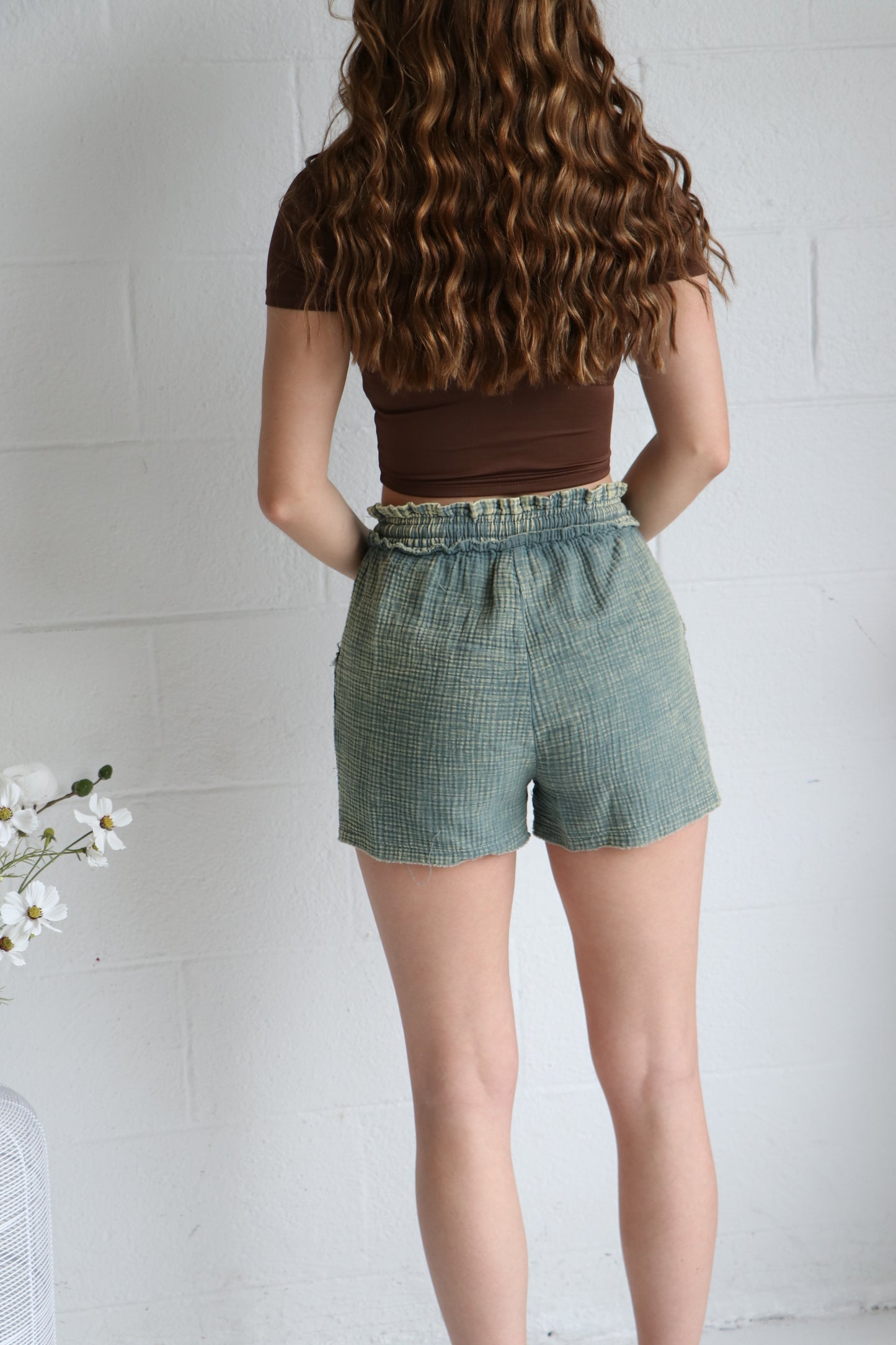 Green Washed Double Gauze Lightweight Drawstring Shorts