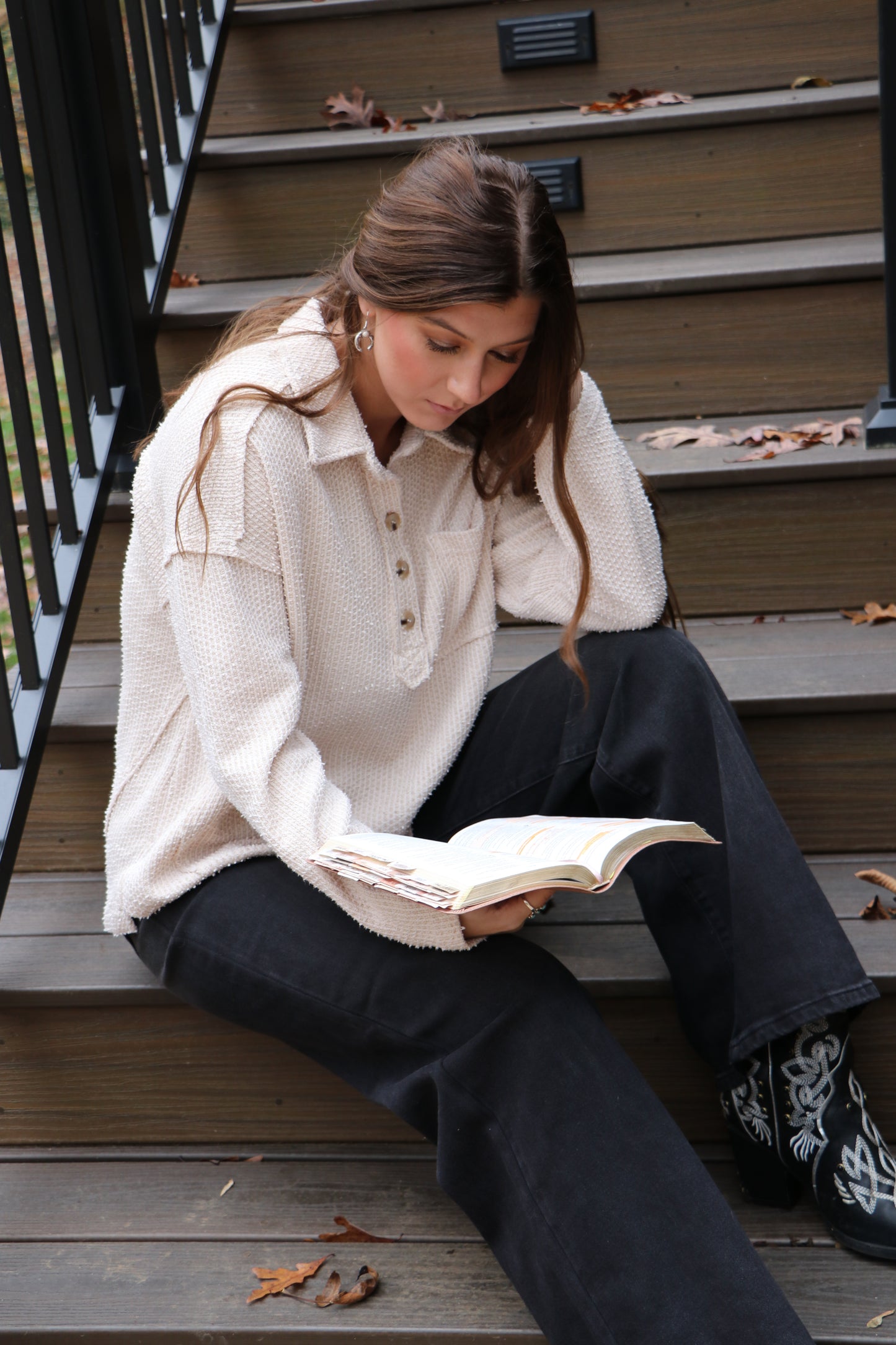 Half Button Down Collared Textured Henley Knit Top