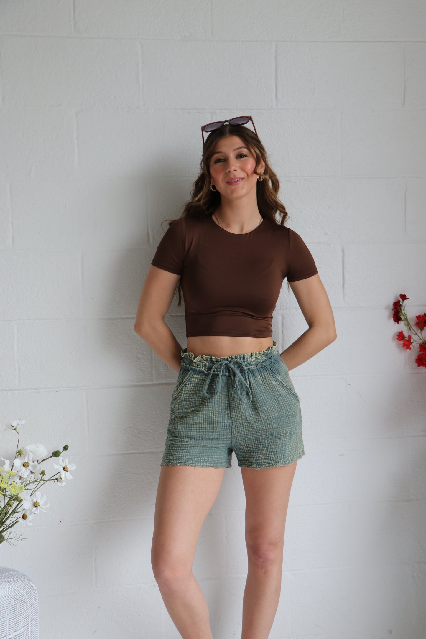 Green Washed Double Gauze Lightweight Drawstring Shorts